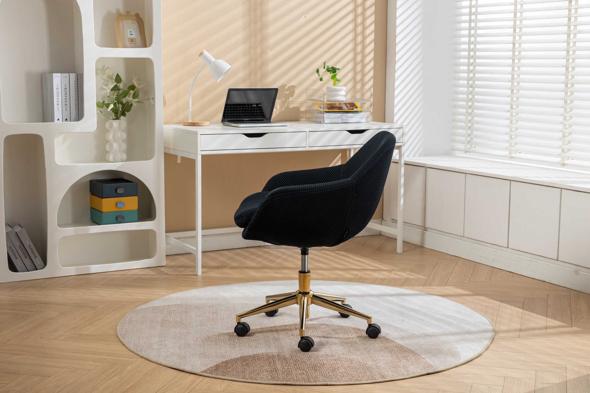 046 Mesh Fabric Home Office 360 Swivel Chair Adjustable Height With Gold Metal Base,Black Solid Black Office Sponge Wipe Clean Modern Office Chairs Tufted Back Foam Adjustable Height Fabric Mesh