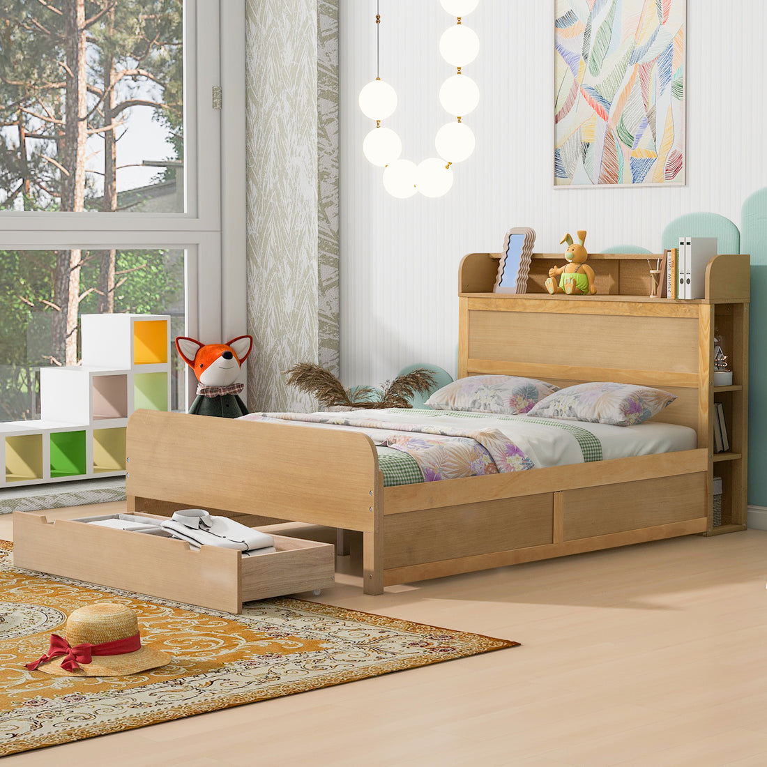 Full Size Platform Bed With Storage Headboard And A Big Drawer, Wood Color Box Spring Not Required Full Wood Wood Bedroom Bed Frame Solid Wood Mdf