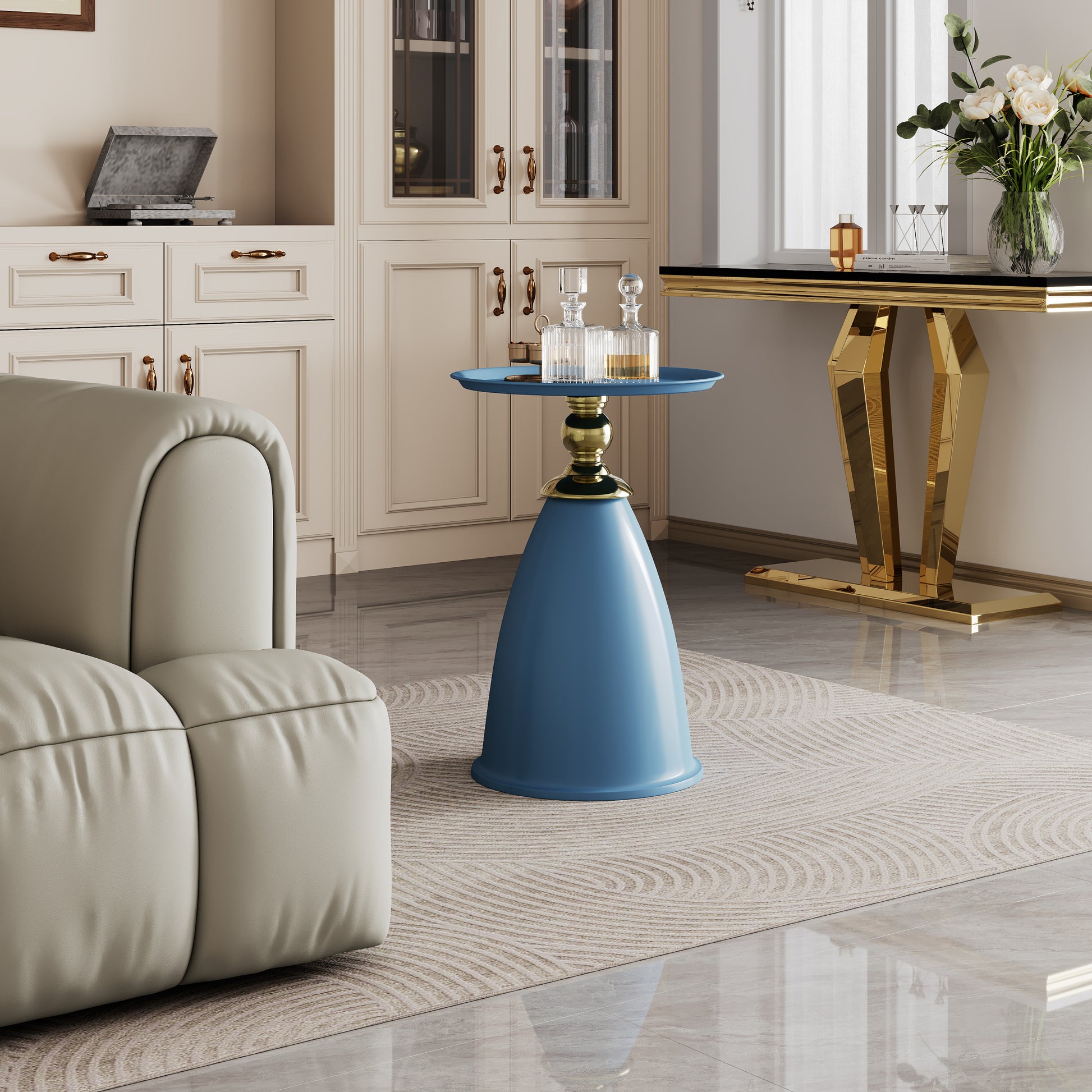 Luxury Design Iron End Table, Minimalist Round Side Table For Small Space Blue Iron