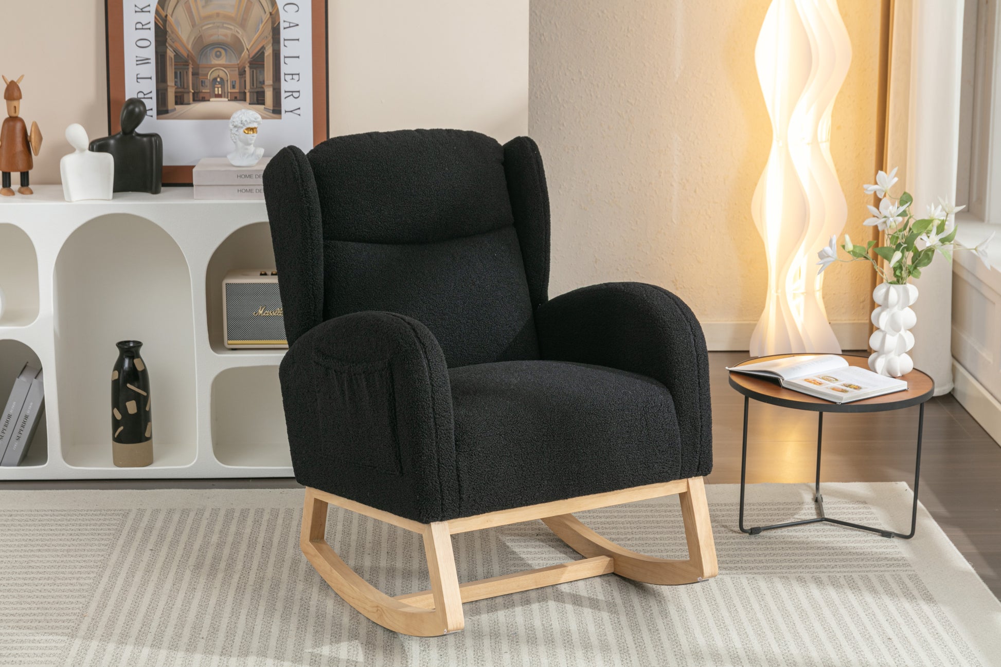 049 Teddy Fabric Rocking Chair With Packet Wood Legs,Black Wood Solid Black Primary Living Space Foam Wipe Clean Modern Rocking Chairs Eucalyptus Tufted Back Foam Teddy