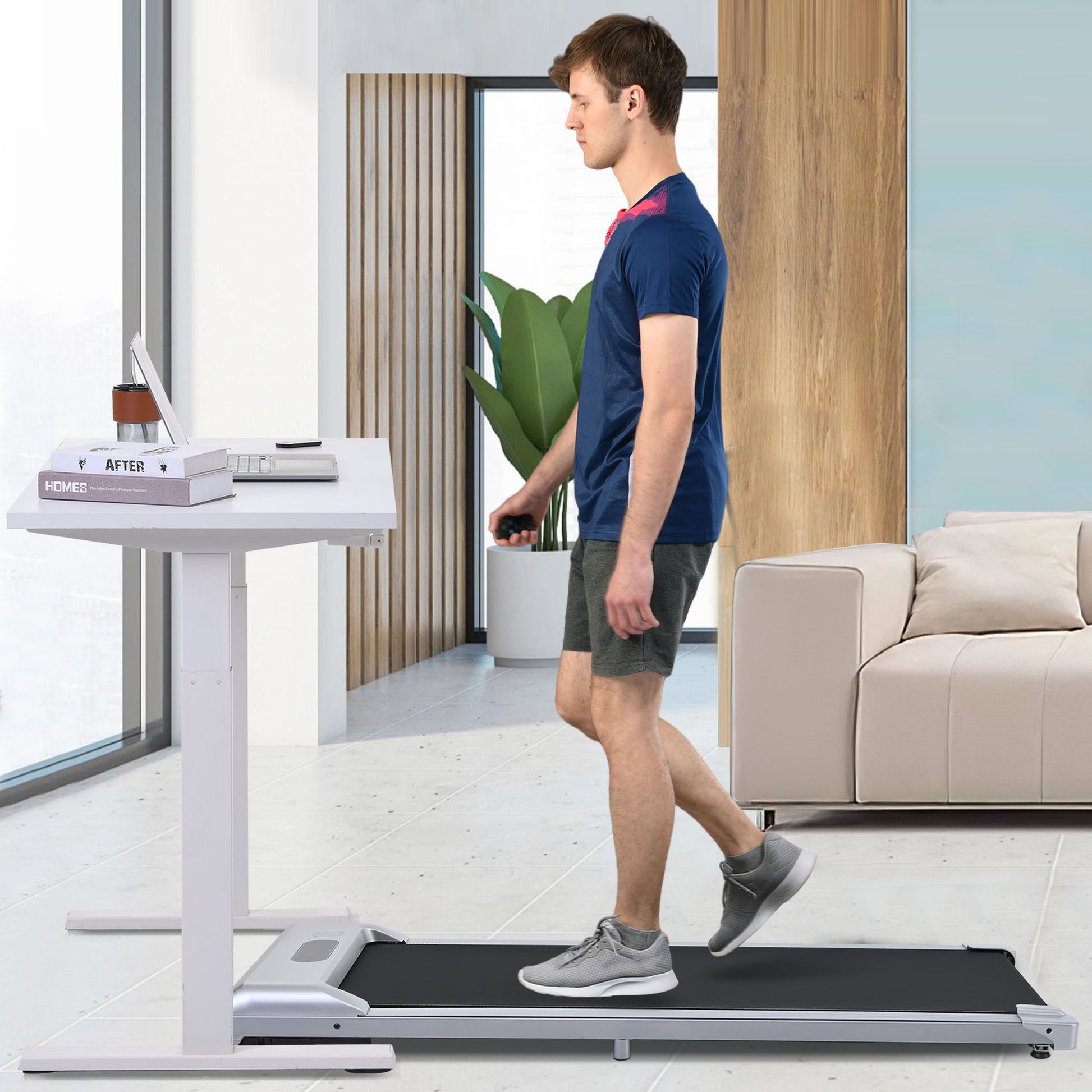 2 In 1 Under Desk Electric Treadmill 2.5Hp, Remote Control, Display, Walking Jogging Running Machine Fitness Equipment For Home Gym Office Silver Metal