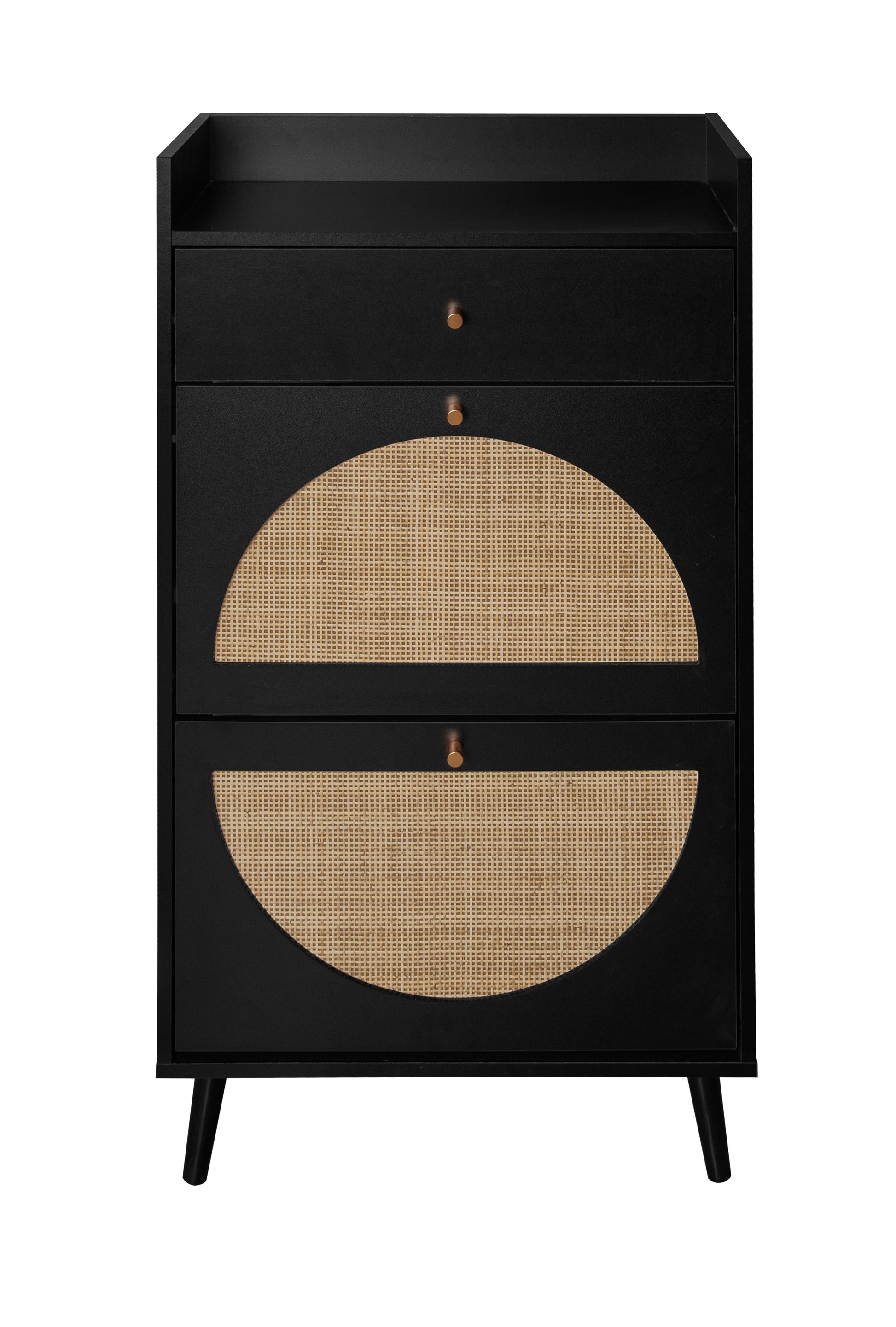 Rattan, Allen 2 Door 1 Drawer Cabinet, Shoe Rack, Double Layer, Suitable For Entrance Black Particle Board