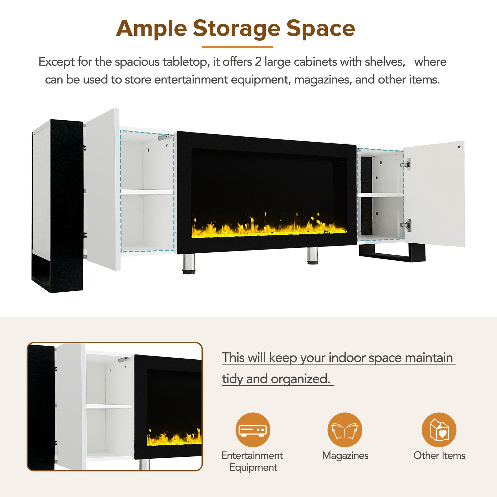 Modern Tv Stand With 34.2" Non Heating Electric Fireplace, High Gloss Entertainment Center With 2 Cabinets, Media Console For Tvs Up To 78", White White Primary Living Space 70 79 Inches 70 79 Inches Modern Mdf