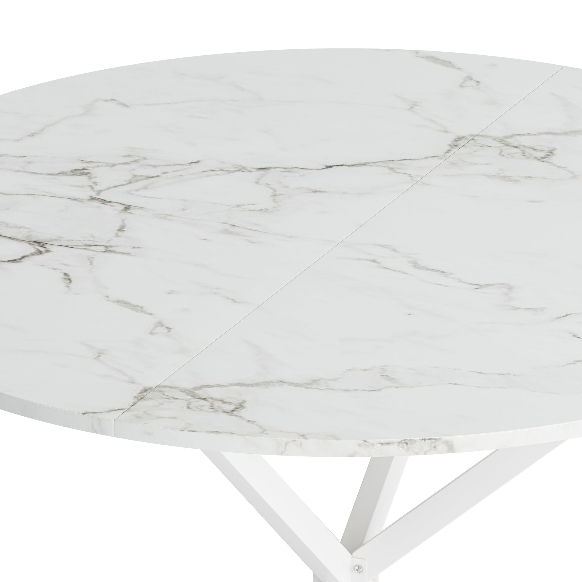 42.13'' Modern Cross Leg Round Dining Table, White Marble Top Occasional Table, Two Piece Removable Top, Matte Finish Iron Legs White Mdf Metal