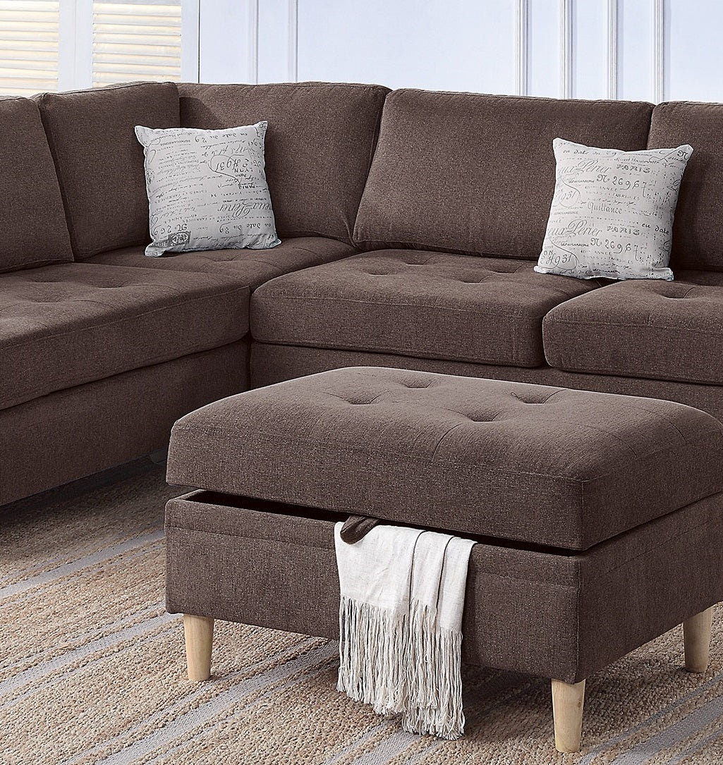 3 Pcs Reversible Sectional Set Living Room Furniture Chocolate Color Chenille Couch Sofa, Reversible Chaise Ottoman Chocolate Primary Living Space Contemporary,Modern,Transitional L Shaped Rubberwood Chenille 4 Seat