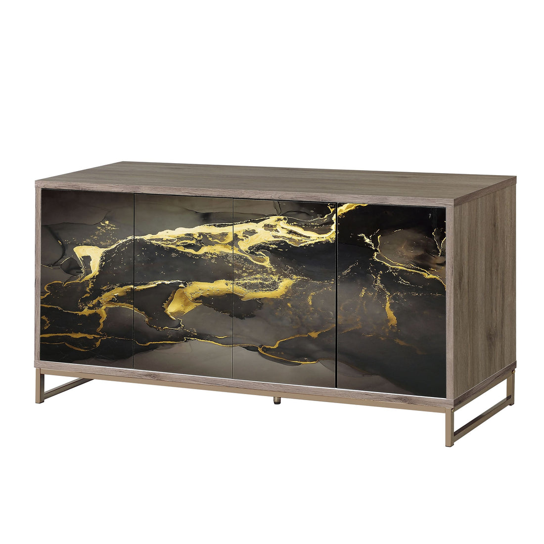 Payo Console Cabinet, Black Marble Paint, Oak & Champagne Ac02342 Oak Metal