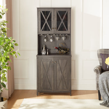 Farmhouse Bar Cabinet For Liquor And Glasses, Dining Room Kitchen Cabinet With Wine Rack, Sideboards Buffets Bar Cabinet L26.89''*W15.87''*H67.3'' Charcoal Grey Charcoal Grey Dining Room Cabinets Included Mdf