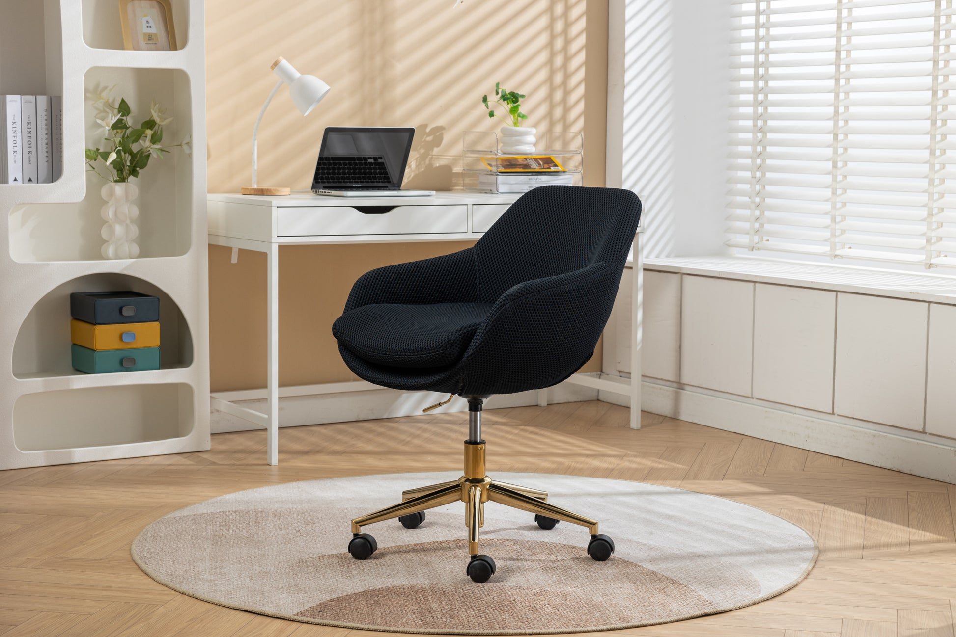 046 Mesh Fabric Home Office 360 Swivel Chair Adjustable Height With Gold Metal Base,Black Solid Black Office Sponge Wipe Clean Modern Office Chairs Tufted Back Foam Adjustable Height Fabric Mesh
