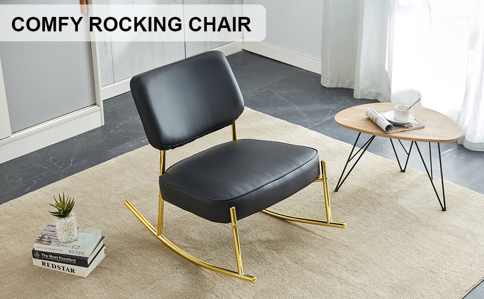 Pu Material Cushioned Rocking Chair, Unique Rocking Chair, Cushioned Seat, Black Backrest Rocking Chair, And Gold Metal Legs. Comfortable Side Chairs In The Living Room, Bedroom, And Office Black Pu