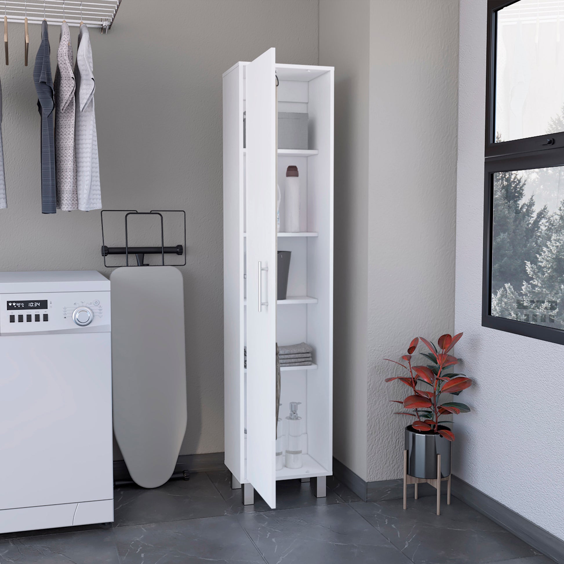 Storage Cabinet 71" H, Five Internal Shelves, Three Broom Hangers, White White Particle Board Particle Board