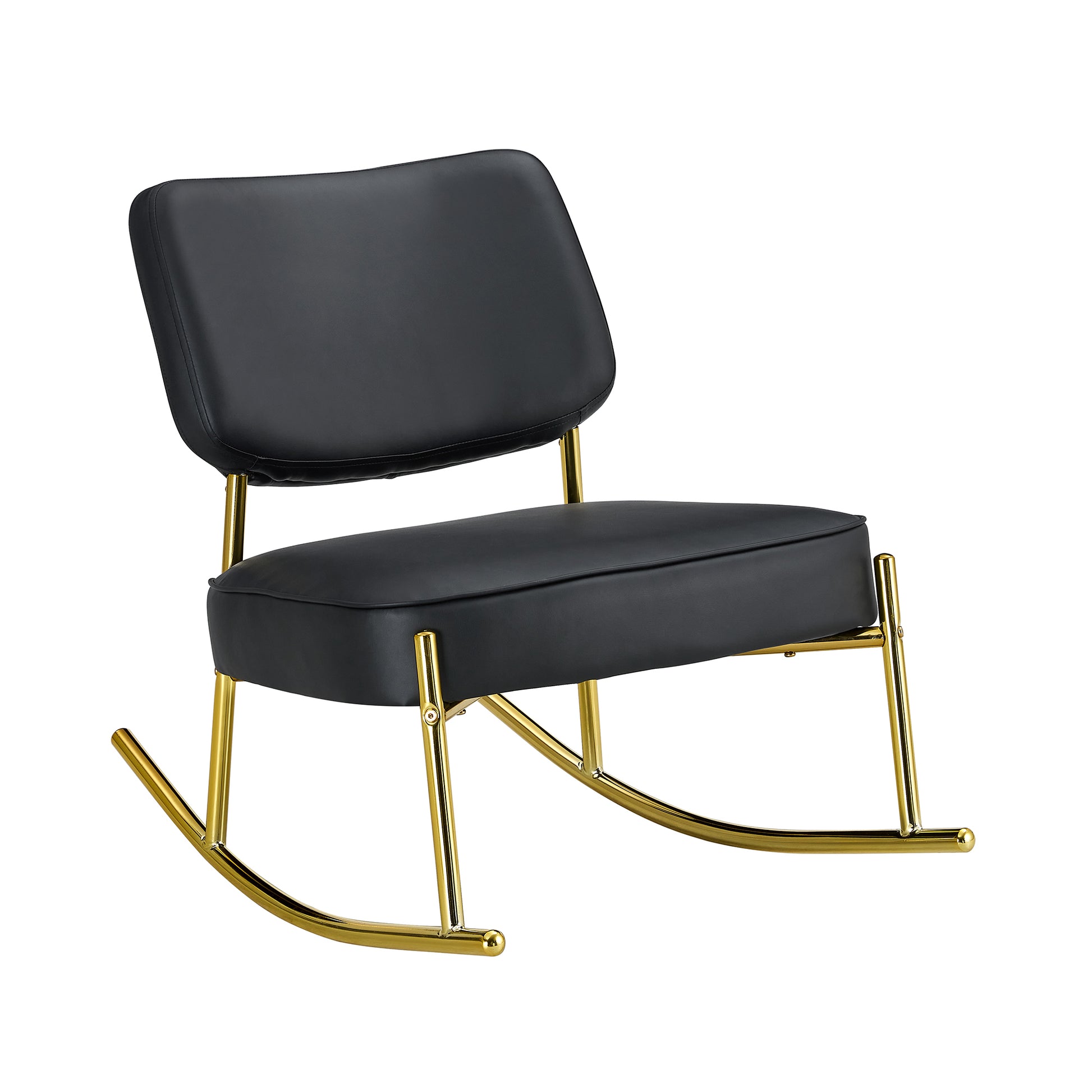 Pu Material Cushioned Rocking Chair, Unique Rocking Chair, Cushioned Seat, Black Backrest Rocking Chair, And Gold Metal Legs. Comfortable Side Chairs In The Living Room, Bedroom, And Office Black Pu