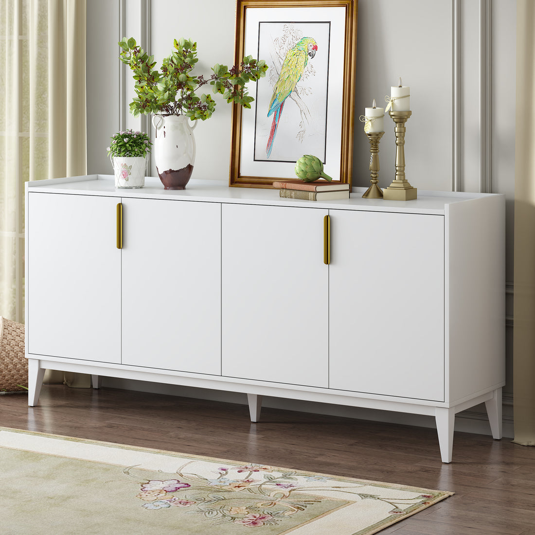 Storage Cabinet Sideboard Wooden Cabinet With 4 Doors For Hallway, Entryway, Living Room, Adjustable Shelf White Solid Wood Mdf