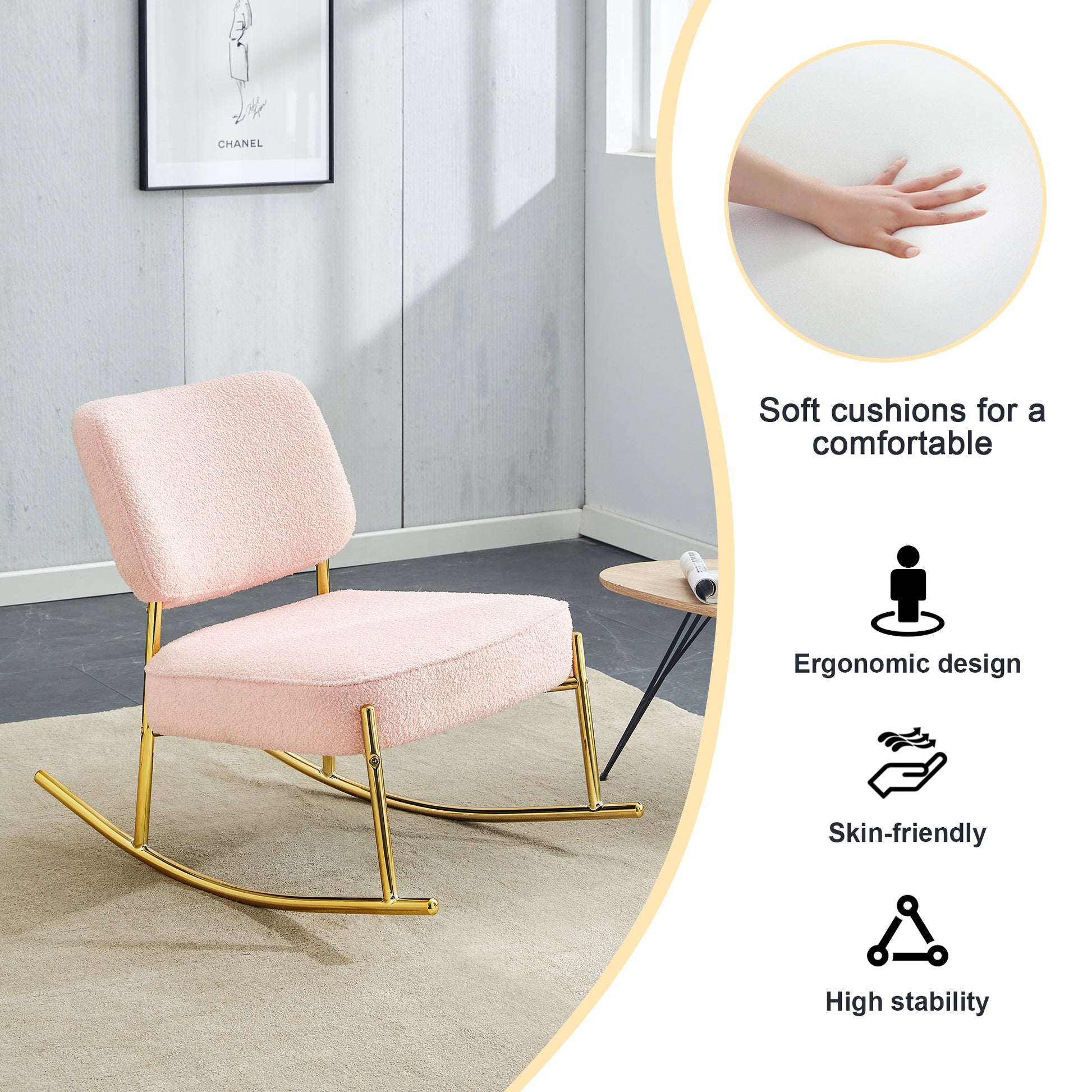 Teddy Velvet Material Cushioned Rocking Chair, Unique Rocking Chair, Cushioned Seat, Pink Backrest Rocking Chair, And Golden Metal Legs. Comfortable Side Chairs In The Living Room, Bedroom, And Office Pink Velvet