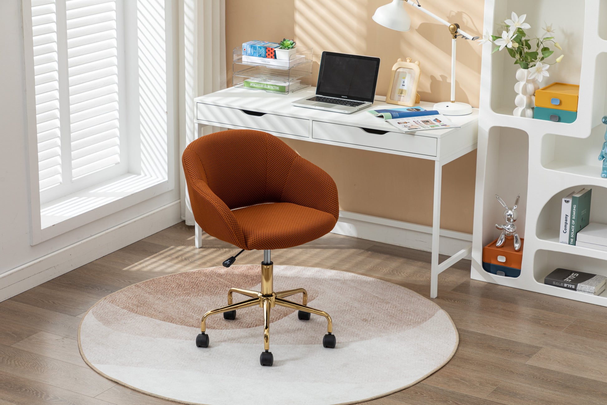 047 Mesh Fabric Home Office 360 Swivel Chair Adjustable Height With Gold Metal Base,Caramel Solid Caramel Office Sponge Wipe Clean Modern Office Chairs Tufted Back Foam Adjustable Height Fabric Mesh
