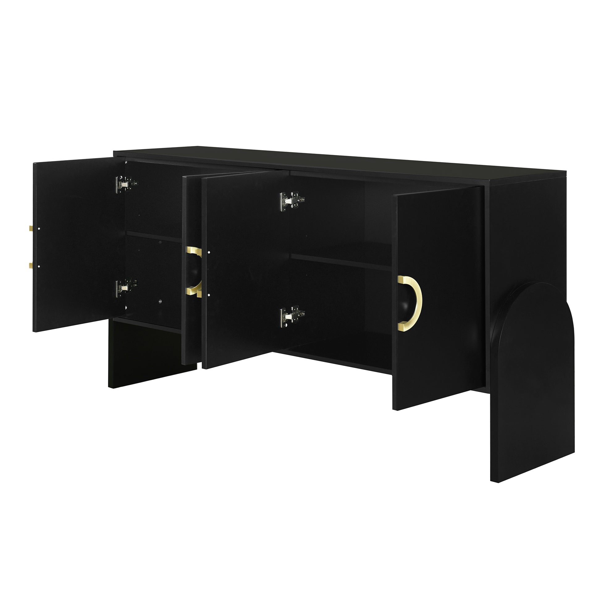 Four Door Metal Handle Storage Cabinet, Suitable For Study, Living Room, Adjustable Shelf Black Solid Wood Mdf