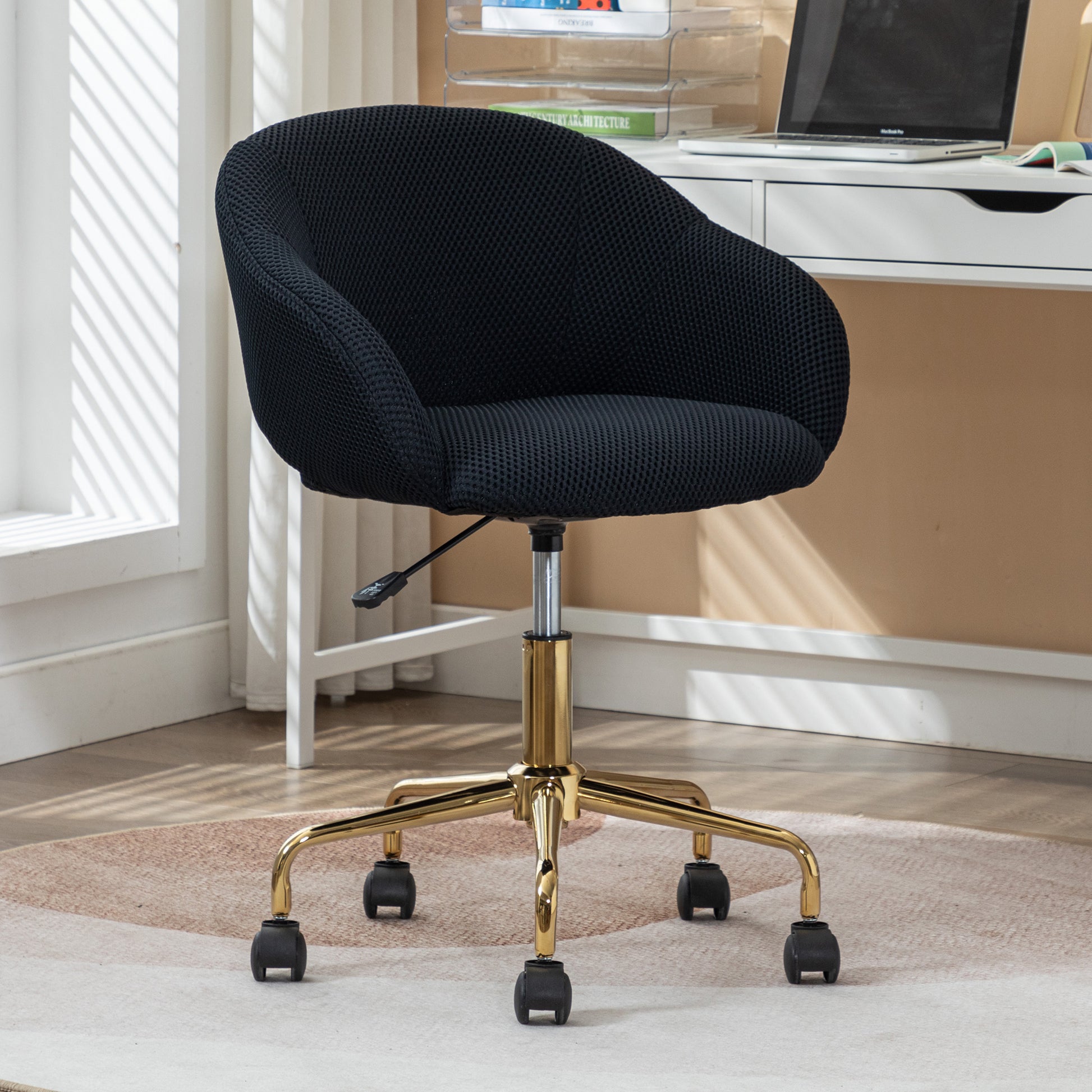 047 Mesh Fabric Home Office 360 Swivel Chair Adjustable Height With Gold Metal Base,Black Solid Black Office Sponge Wipe Clean Modern Office Chairs Tufted Back Foam Adjustable Height Fabric Mesh