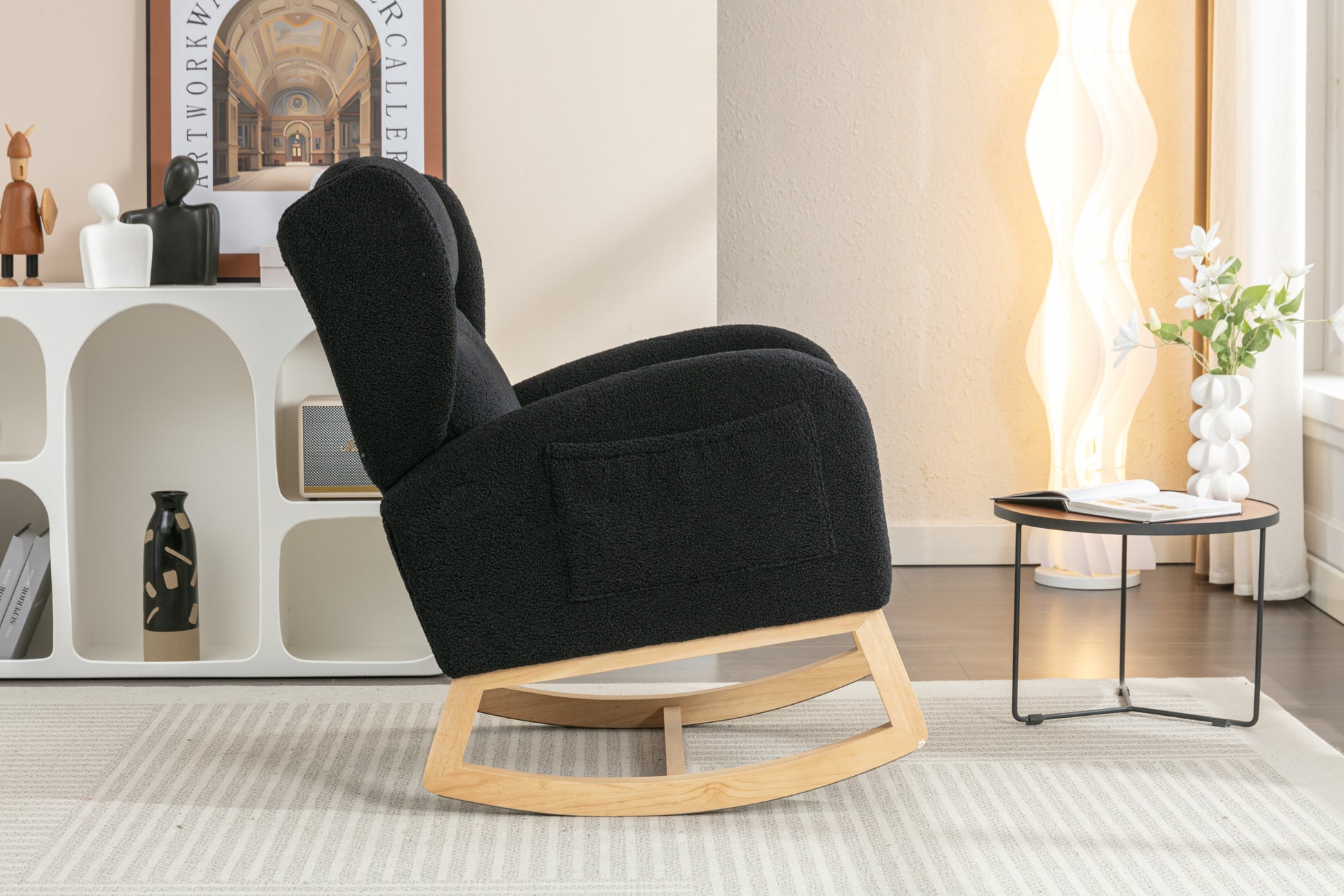 049 Teddy Fabric Rocking Chair With Packet Wood Legs,Black Wood Solid Black Primary Living Space Foam Wipe Clean Modern Rocking Chairs Eucalyptus Tufted Back Foam Teddy