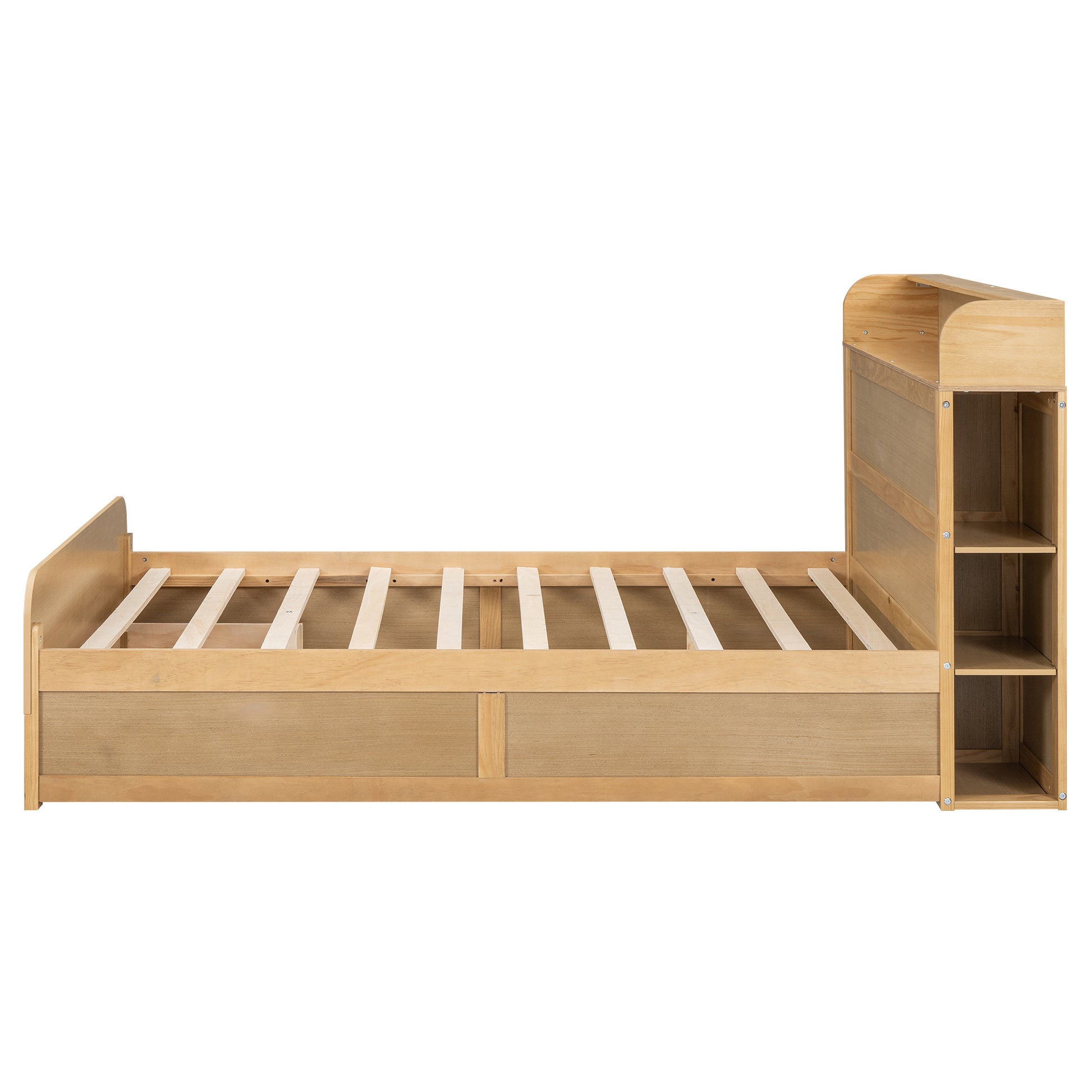 Full Size Platform Bed With Storage Headboard And A Big Drawer, Wood Color Box Spring Not Required Full Wood Wood Bedroom Bed Frame Solid Wood Mdf