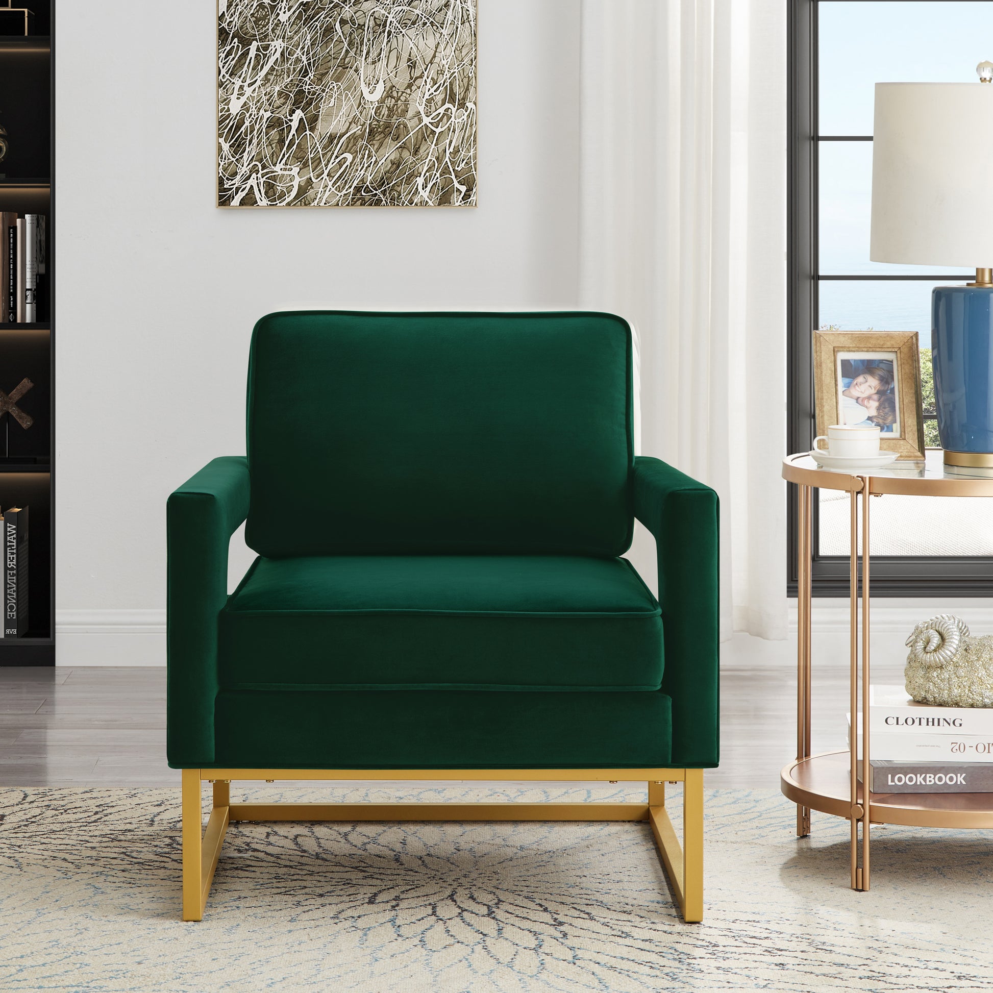 Modern Style Accent Chair With Gold Metal Basevelvet Upholstered Leisure Chair With Open Armrest, Armchair, Jade Emerald Primary Living Space Modern Foam Velvet