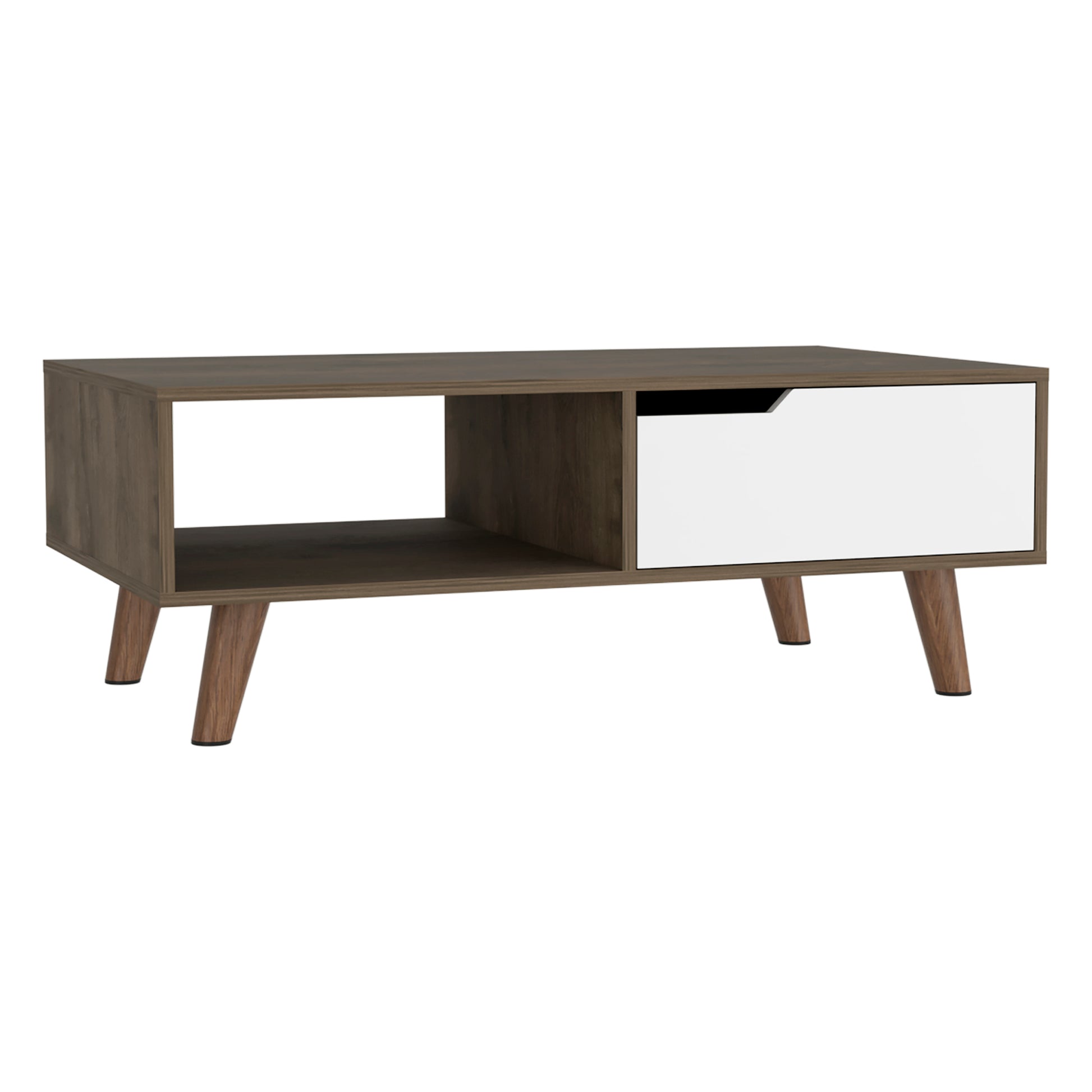 15" H Rectangular Dark Brown White Coffee Table, 4 Metal Legs, 1 Vertical Divider For Designer Books, And 1 Drawer For Storing Small Things. Multicolor Particle Board Particle Board