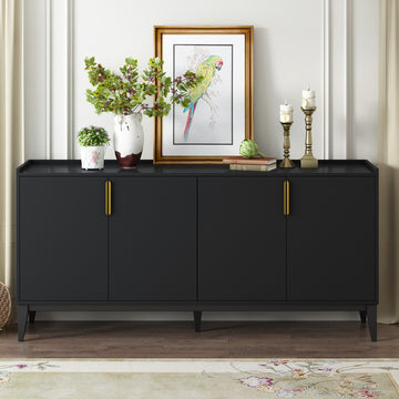 Storage Cabinet Sideboard Wooden Cabinet With 4 Doors For Hallway, Entryway, Living Room, Adjustable Shelf Black Solid Wood Mdf