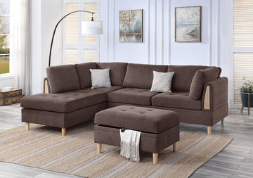 3 Pcs Reversible Sectional Set Living Room Furniture Chocolate Color Chenille Couch Sofa, Reversible Chaise Ottoman Chocolate Primary Living Space Contemporary,Modern,Transitional L Shaped Rubberwood Chenille 4 Seat