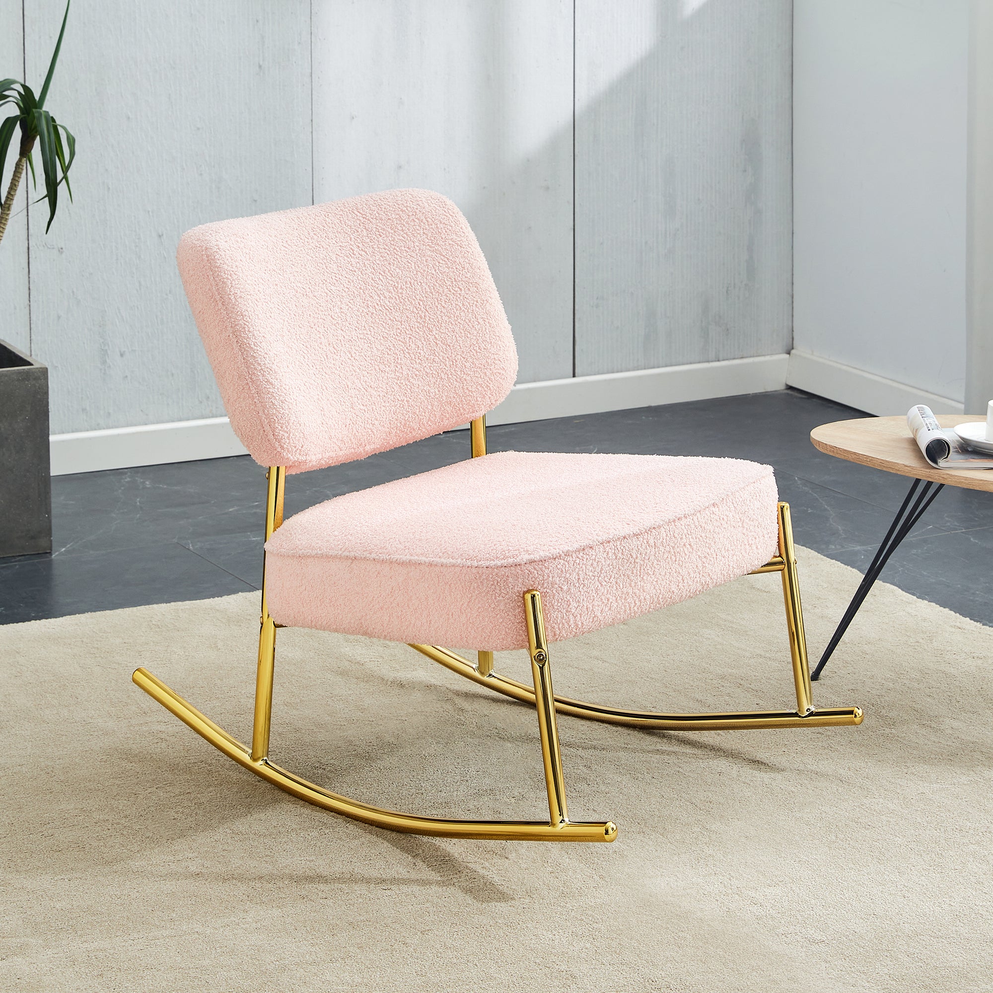 Teddy Velvet Material Cushioned Rocking Chair, Unique Rocking Chair, Cushioned Seat, Pink Backrest Rocking Chair, And Golden Metal Legs. Comfortable Side Chairs In The Living Room, Bedroom, And Office Pink Velvet