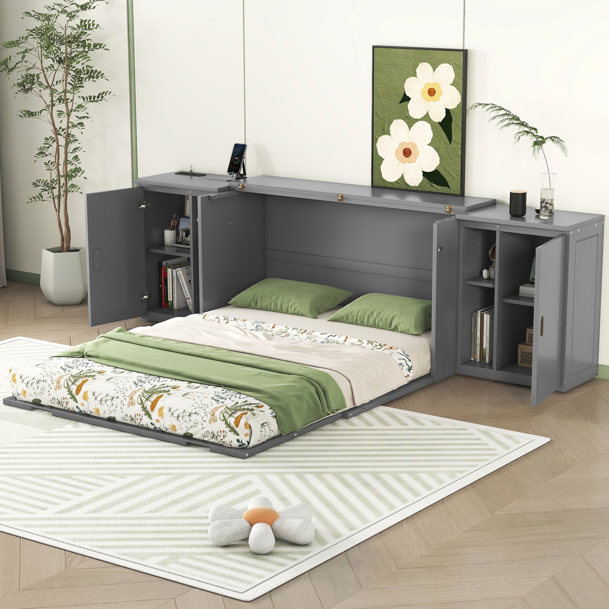 Queen Size Murphy Bed With Shelves, Cabinets And Usb Ports,Gray Queen Gray Mdf Lvl