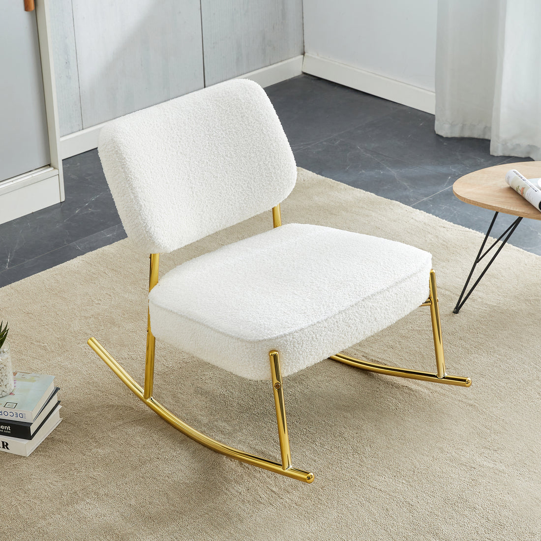 Teddy Suede Material Cushioned Rocking Chair, Unique Rocking Chair, Cushioned Seat, White Rocking Chair With Backrest And Golden Metal Legs. Comfortable Side Chairs In Living Room, Bedroom, Office White Velvet