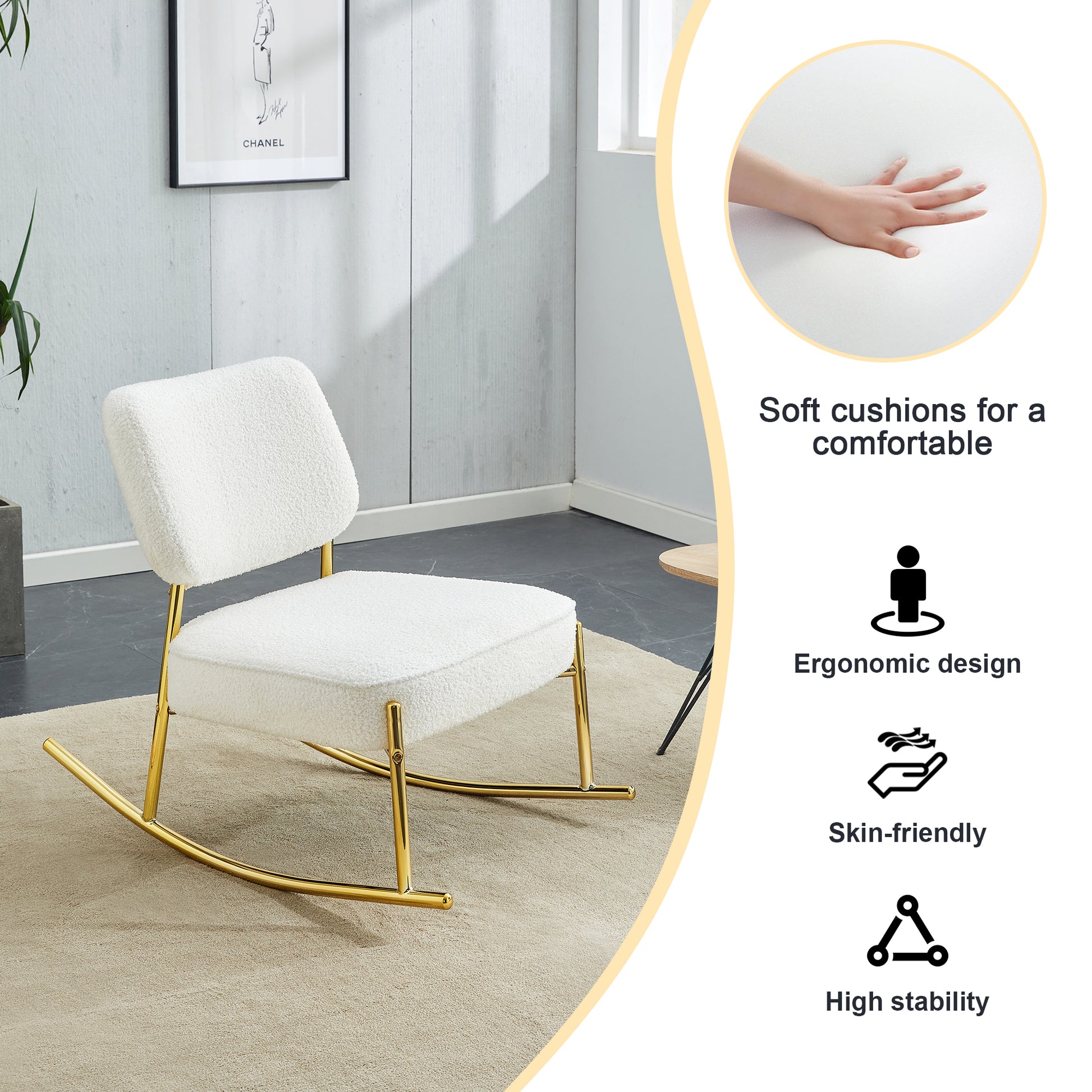 Teddy Suede Material Cushioned Rocking Chair, Unique Rocking Chair, Cushioned Seat, White Rocking Chair With Backrest And Golden Metal Legs. Comfortable Side Chairs In Living Room, Bedroom, Office White Velvet