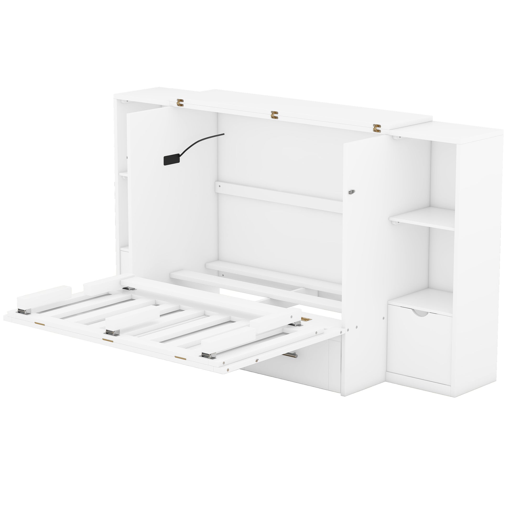 Queen Size Murphy Bed With Shelves, Drawers And Usb Ports,White White Mdf Lvl