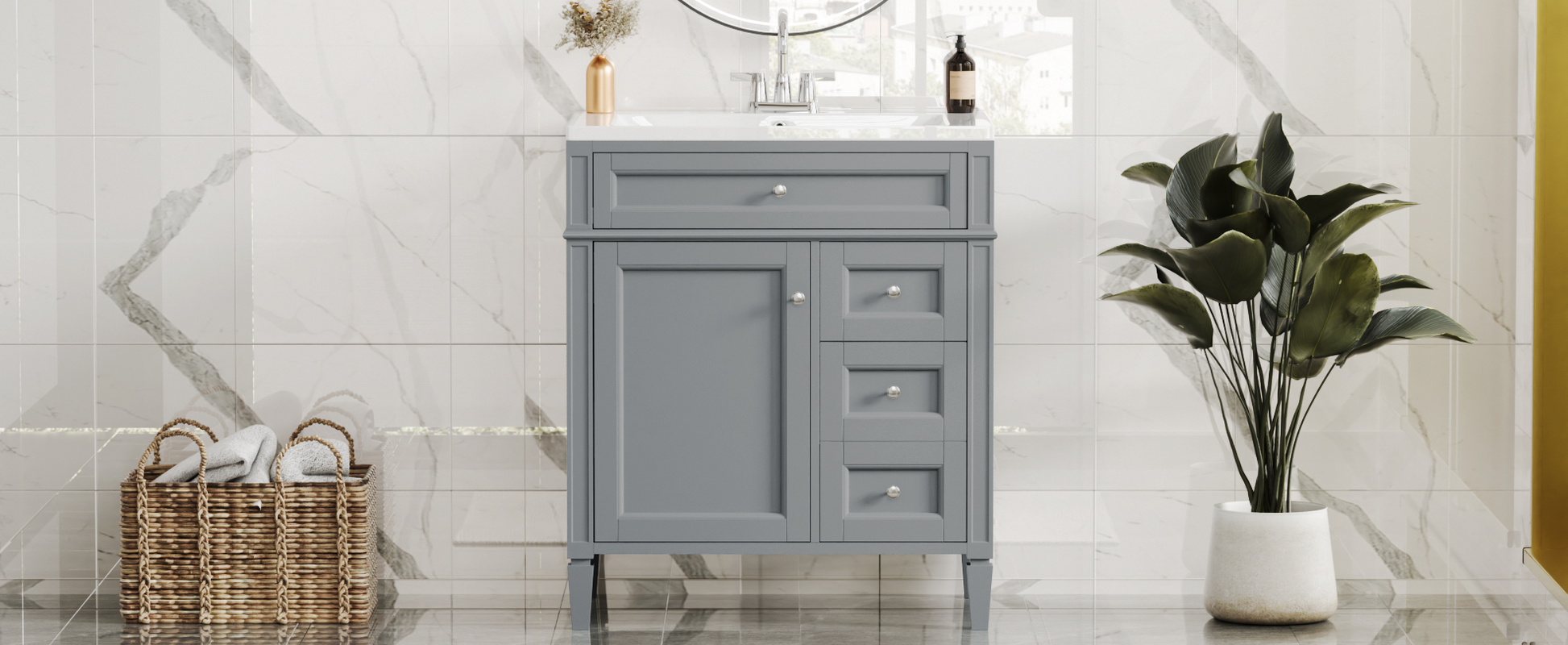 30'' Bathroom Vanity With Top Sink, Modern Bathroom Storage Cabinet With 2 Drawers And A Tip Out Drawer, Single Sink Bathroom Vanity 3 Grey 1 2 Adjustable Shelves Bathroom Freestanding Solid Wood Mdf Painted