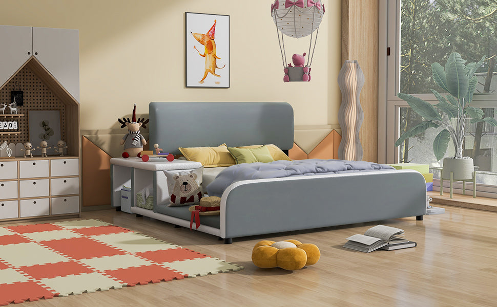 Full Size Upholstered Platform Bed With Storage Nightstand And Guardrail, Gray Box Spring Not Required Full Gray Wood Bedroom Upholstered