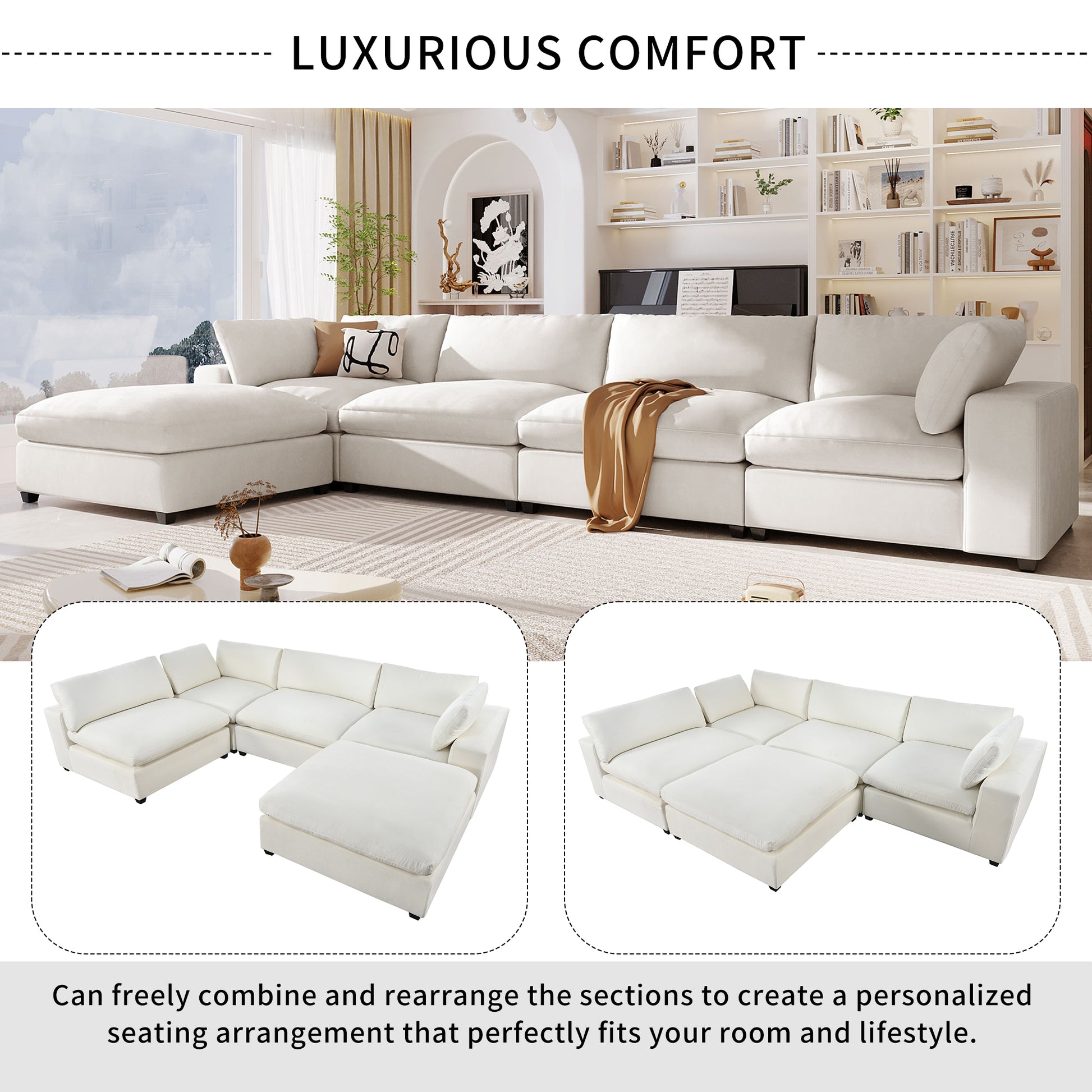 Upholstered Oversize Modular Sofa With Removable Ottoman,Sectional Sofa For Living Room Apartment 5 Seater Beige Polyester 5 Seat