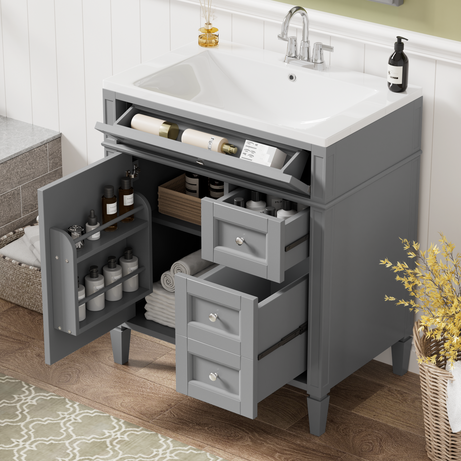 30'' Bathroom Vanity With Top Sink, Modern Bathroom Storage Cabinet With 2 Drawers And A Tip Out Drawer, Single Sink Bathroom Vanity 3 Grey 1 2 Adjustable Shelves Bathroom Freestanding Solid Wood Mdf Painted