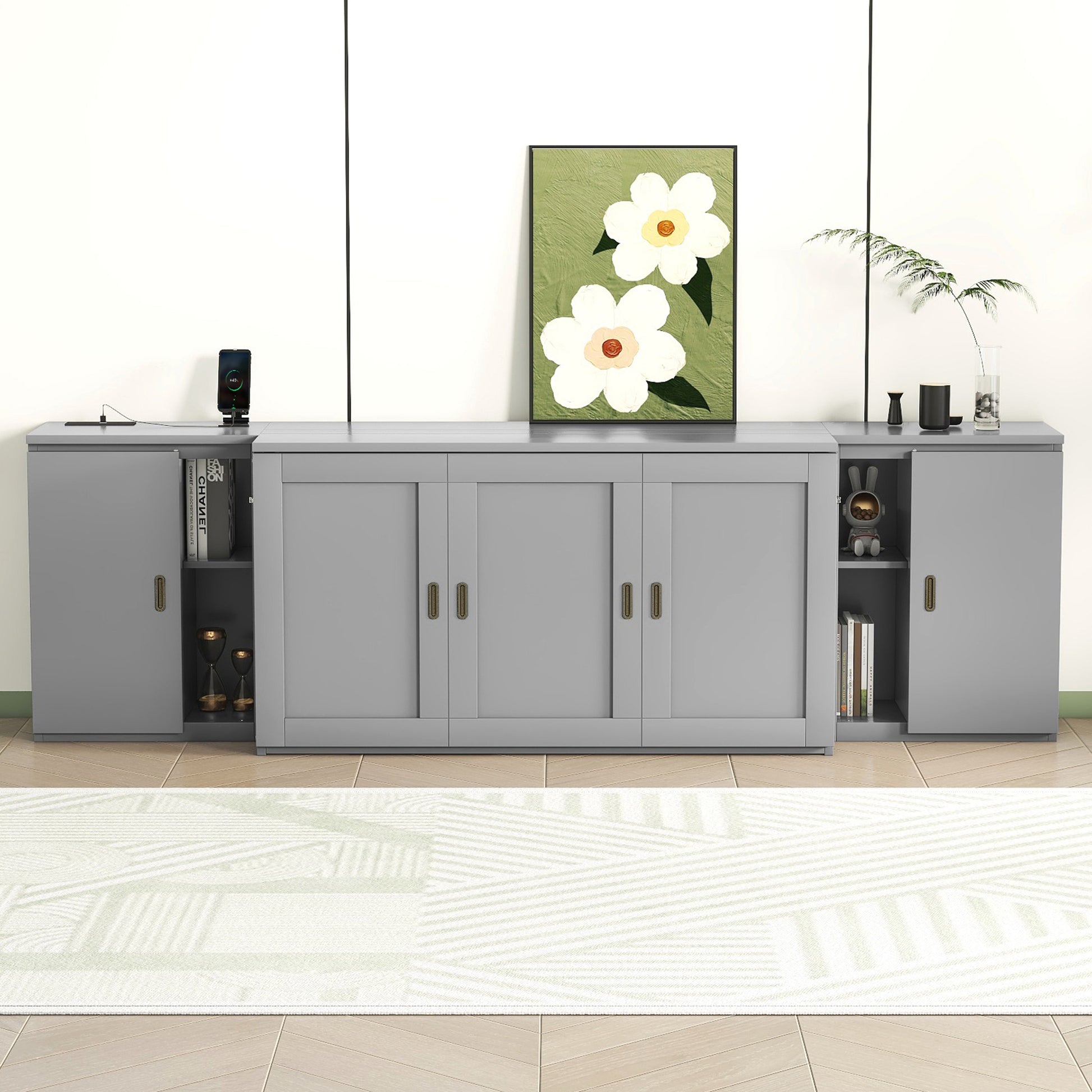 Queen Size Murphy Bed With Shelves, Cabinets And Usb Ports,Gray Queen Gray Mdf Lvl