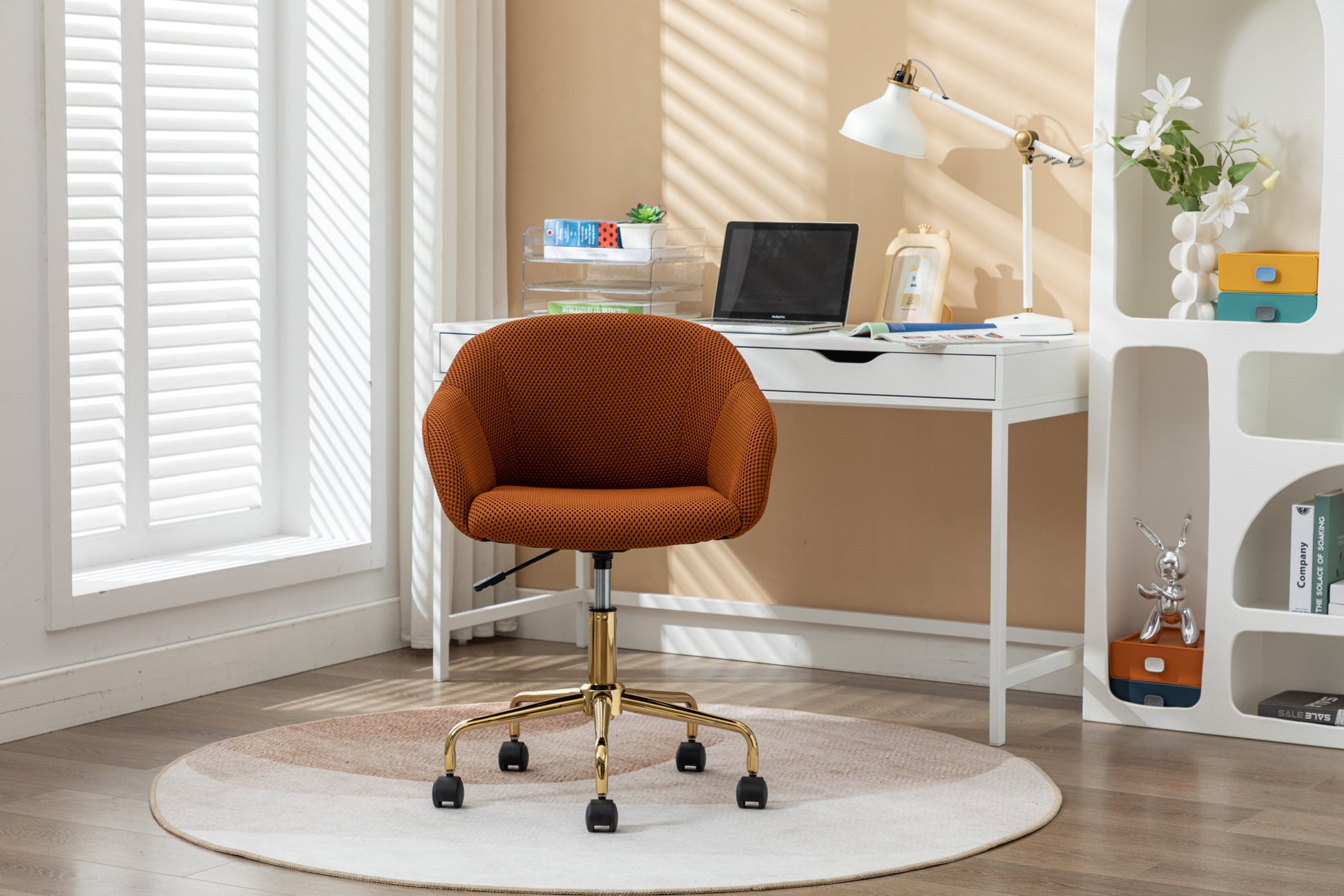 047 Mesh Fabric Home Office 360 Swivel Chair Adjustable Height With Gold Metal Base,Caramel Solid Caramel Office Sponge Wipe Clean Modern Office Chairs Tufted Back Foam Adjustable Height Fabric Mesh