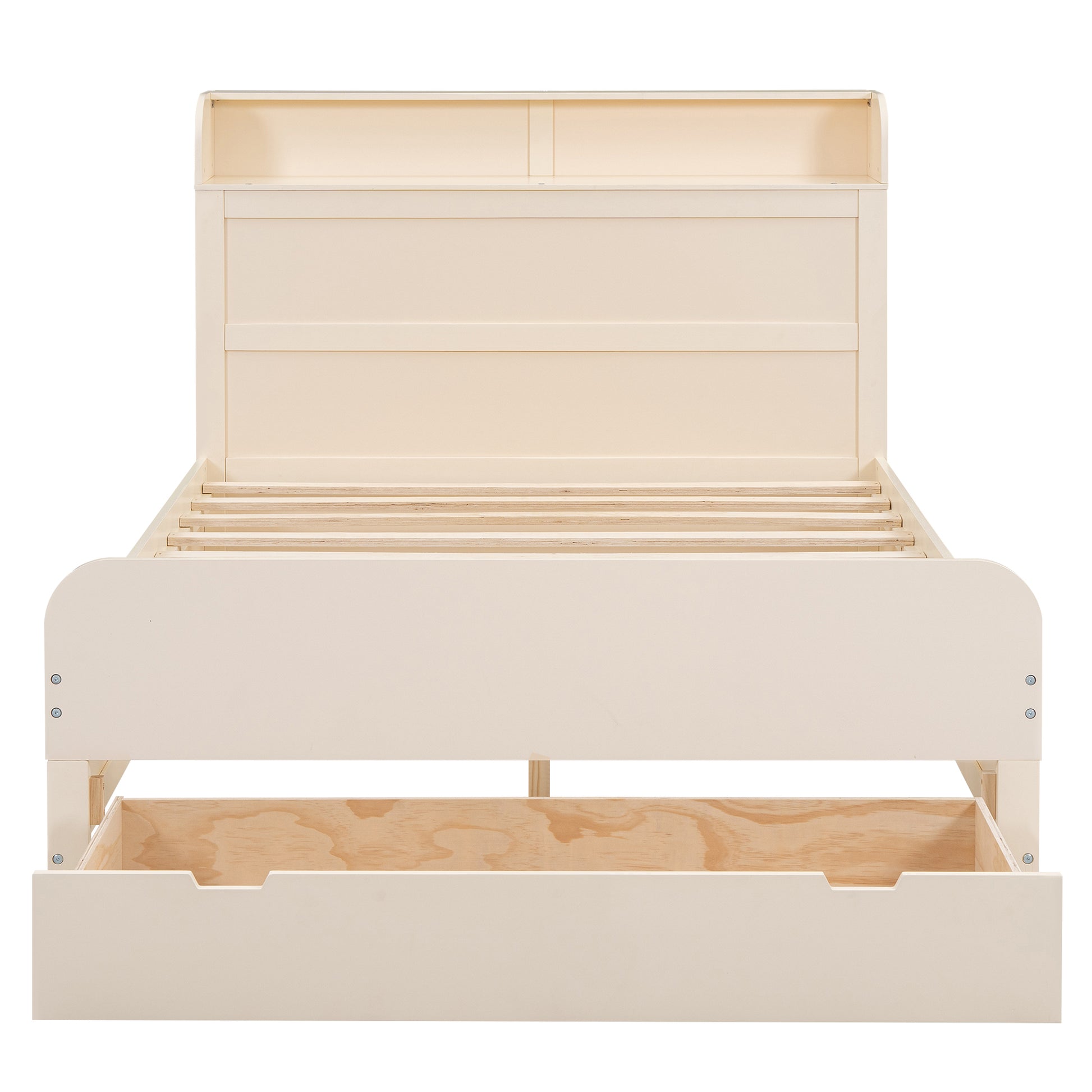 Full Size Platform Bed With Storage Headboard And A Big Drawer, Cream Box Spring Not Required Full Cream Wood Bedroom Bed Frame Solid Wood Mdf