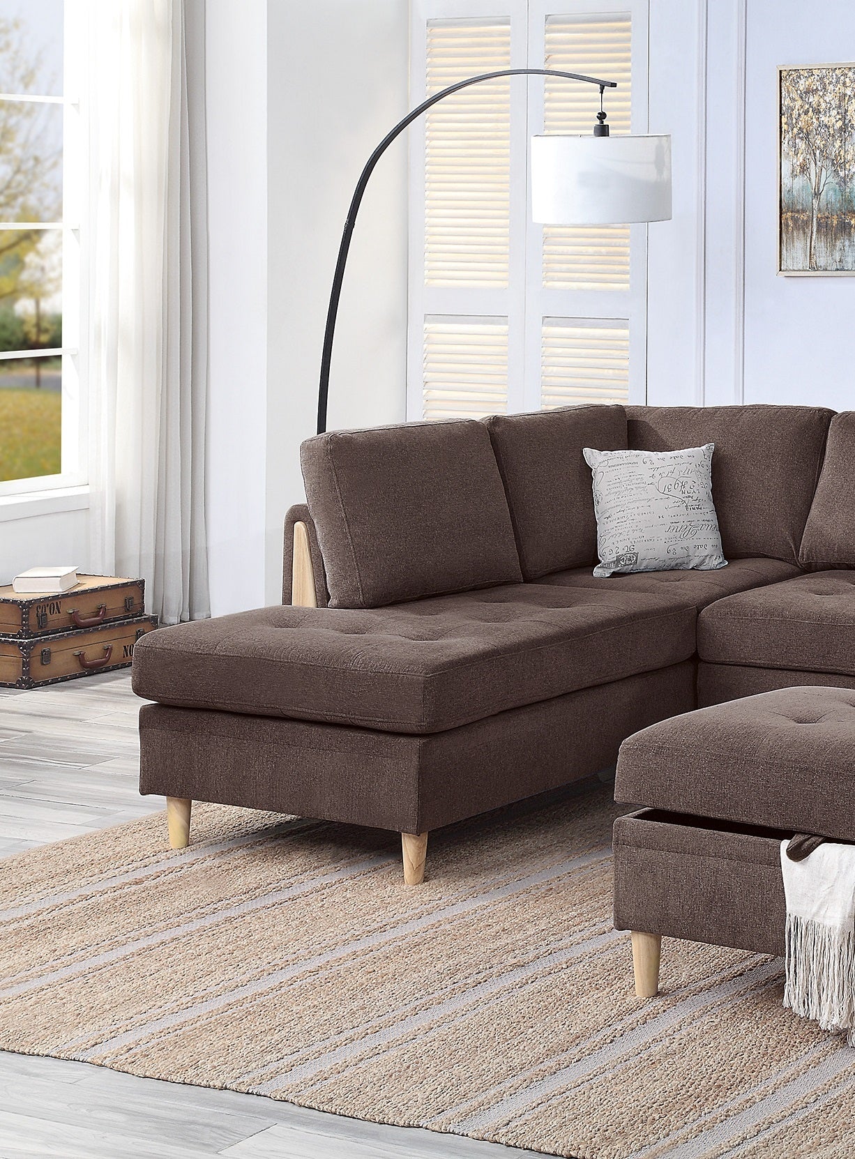 3 Pcs Reversible Sectional Set Living Room Furniture Chocolate Color Chenille Couch Sofa, Reversible Chaise Ottoman Chocolate Primary Living Space Contemporary,Modern,Transitional L Shaped Rubberwood Chenille 4 Seat