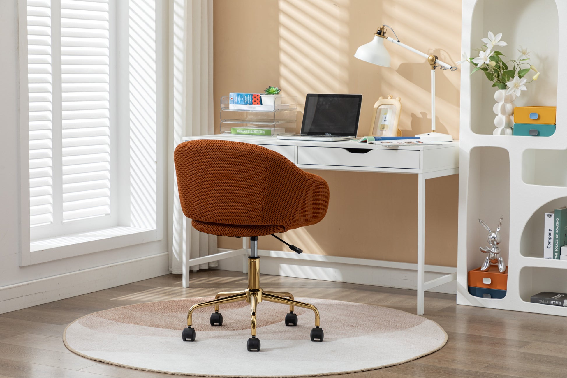 047 Mesh Fabric Home Office 360 Swivel Chair Adjustable Height With Gold Metal Base,Caramel Solid Caramel Office Sponge Wipe Clean Modern Office Chairs Tufted Back Foam Adjustable Height Fabric Mesh