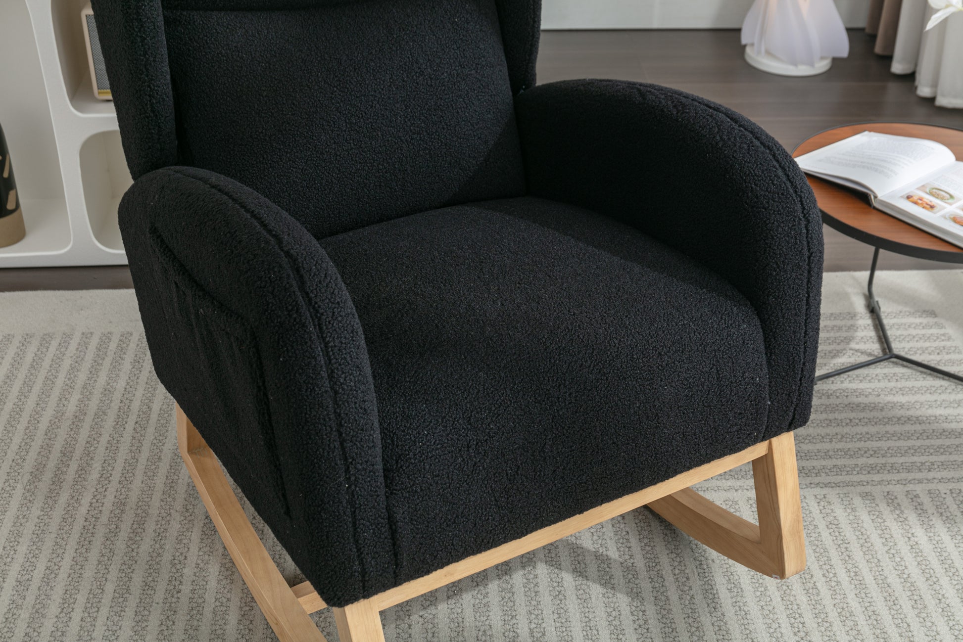 049 Teddy Fabric Rocking Chair With Packet Wood Legs,Black Wood Solid Black Primary Living Space Foam Wipe Clean Modern Rocking Chairs Eucalyptus Tufted Back Foam Teddy