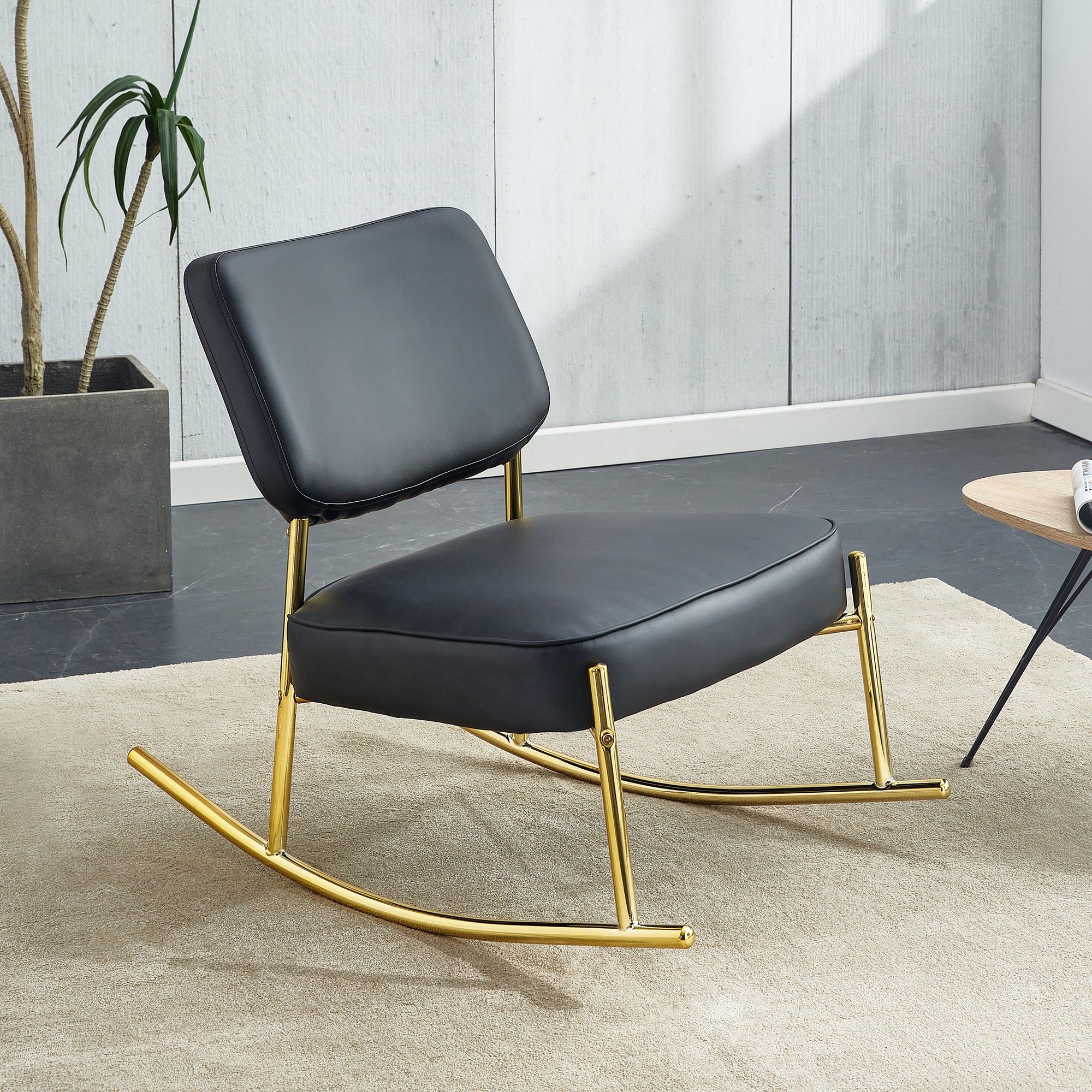 Pu Material Cushioned Rocking Chair, Unique Rocking Chair, Cushioned Seat, Black Backrest Rocking Chair, And Gold Metal Legs. Comfortable Side Chairs In The Living Room, Bedroom, And Office Black Pu