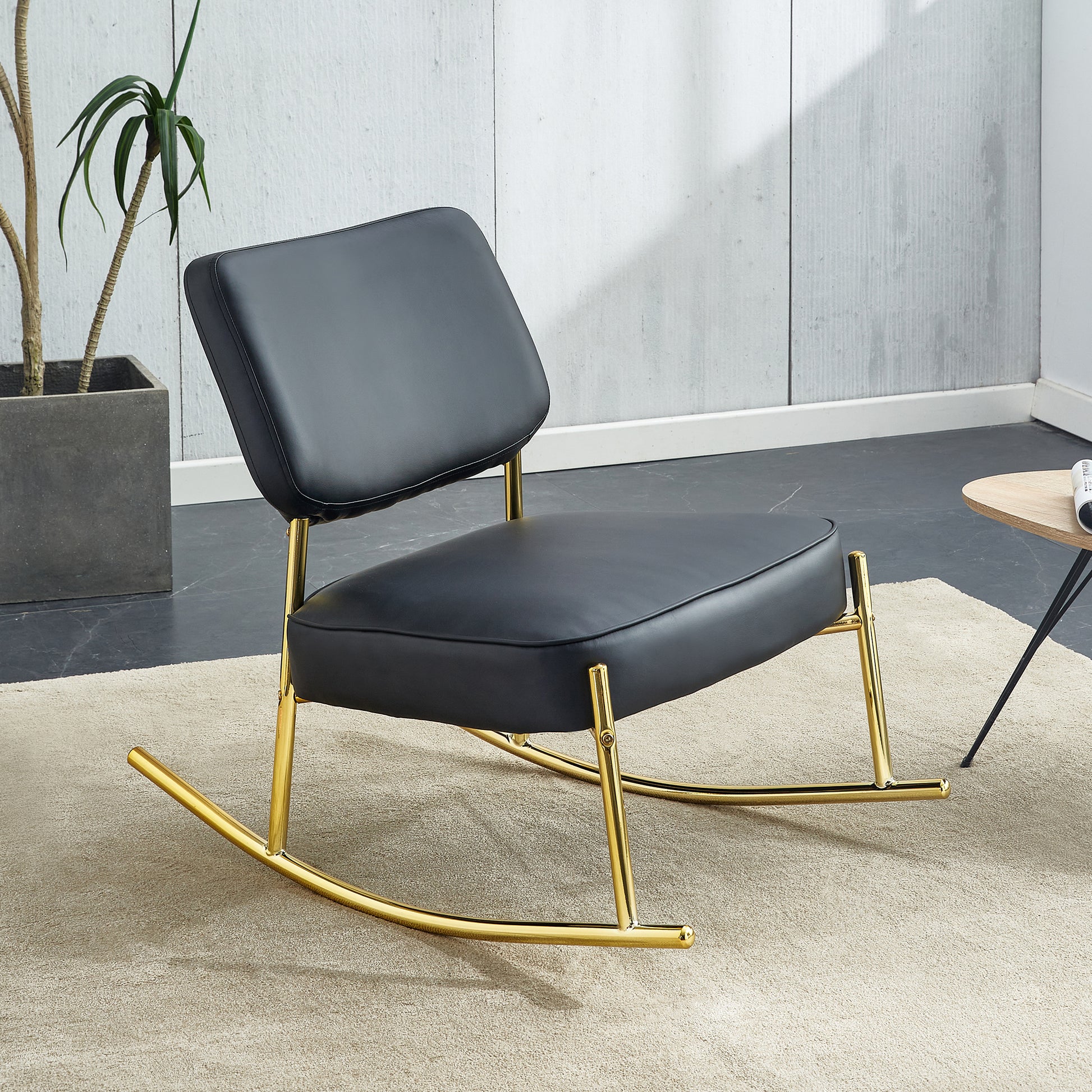 Pu Material Cushioned Rocking Chair, Unique Rocking Chair, Cushioned Seat, Black Backrest Rocking Chair, And Gold Metal Legs. Comfortable Side Chairs In The Living Room, Bedroom, And Office Black Pu