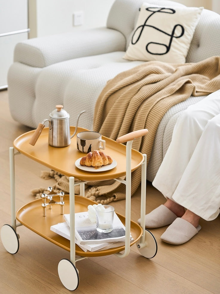 Jycc Yel Movable Small Pushcart Small Cart Double Layered Coffee Table Leisure Modern Living Room Ginger Iron Plastic