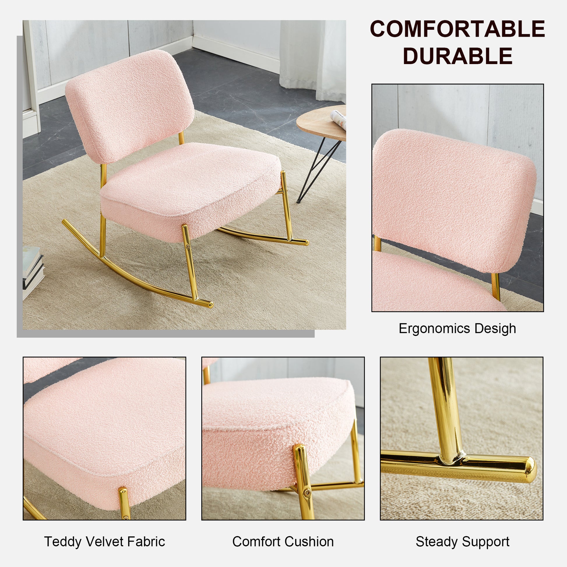 Teddy Velvet Material Cushioned Rocking Chair, Unique Rocking Chair, Cushioned Seat, Pink Backrest Rocking Chair, And Golden Metal Legs. Comfortable Side Chairs In The Living Room, Bedroom, And Office Pink Velvet