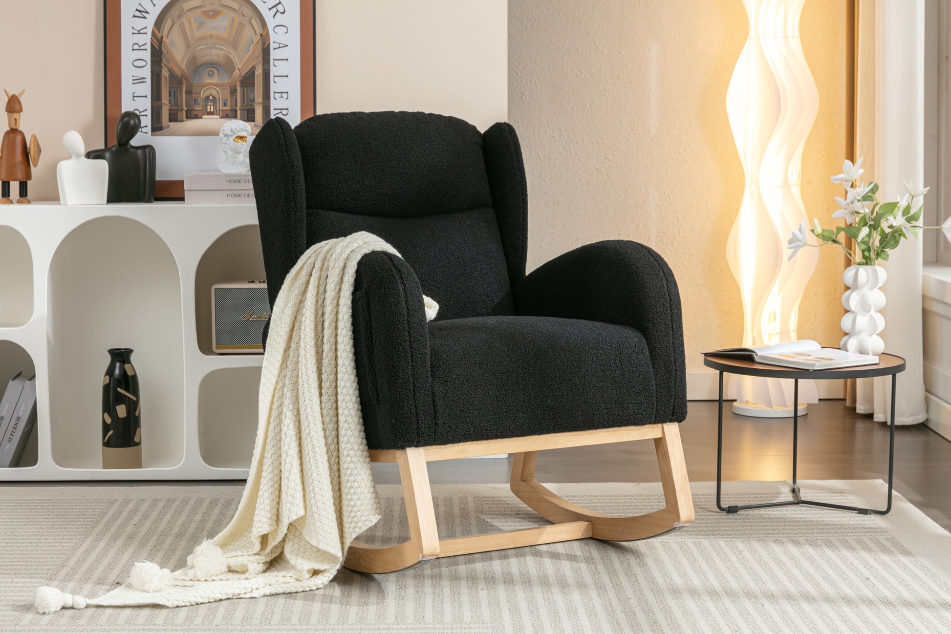 049 Teddy Fabric Rocking Chair With Packet Wood Legs,Black Wood Solid Black Primary Living Space Foam Wipe Clean Modern Rocking Chairs Eucalyptus Tufted Back Foam Teddy