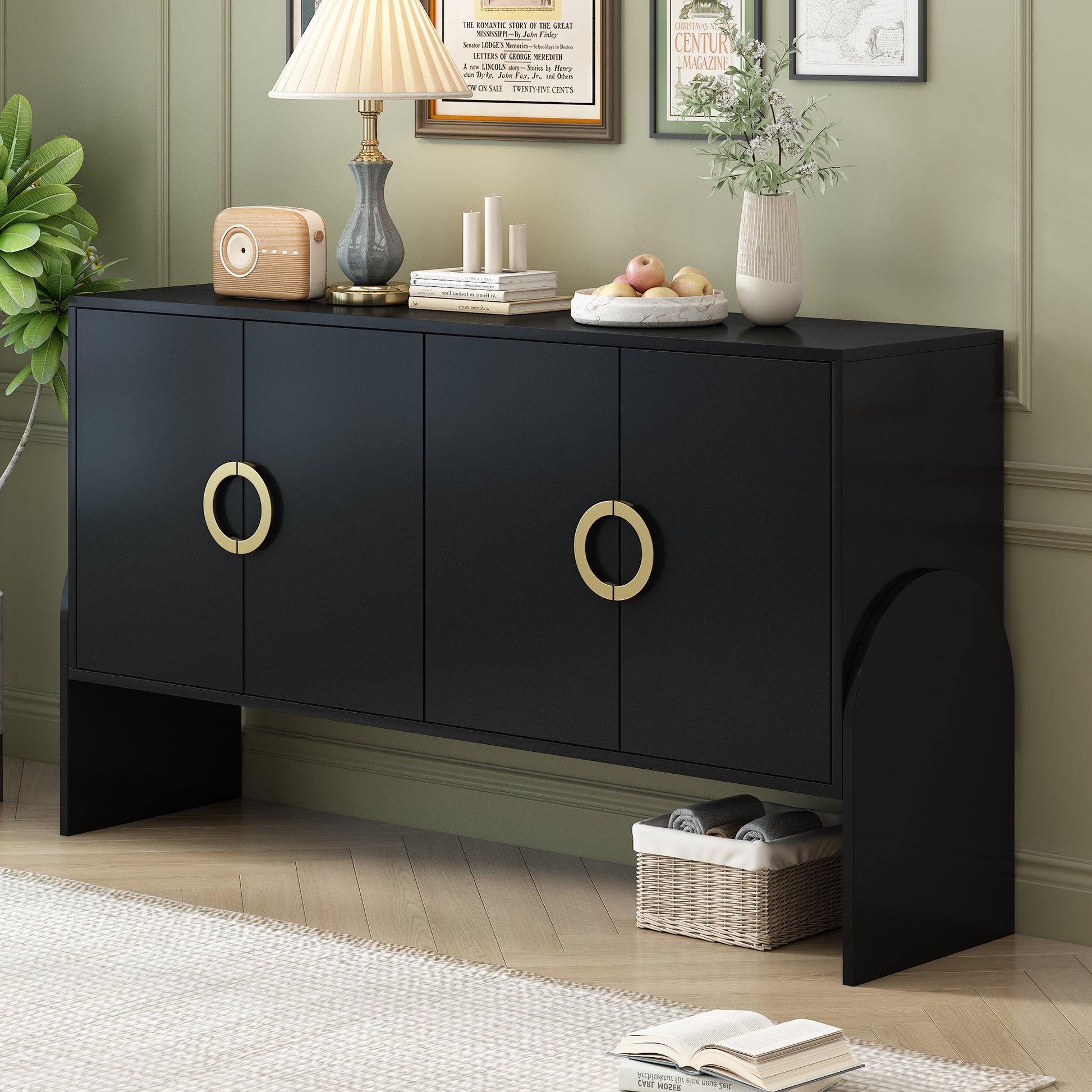 Four Door Metal Handle Storage Cabinet, Suitable For Study, Living Room, Adjustable Shelf Black Solid Wood Mdf