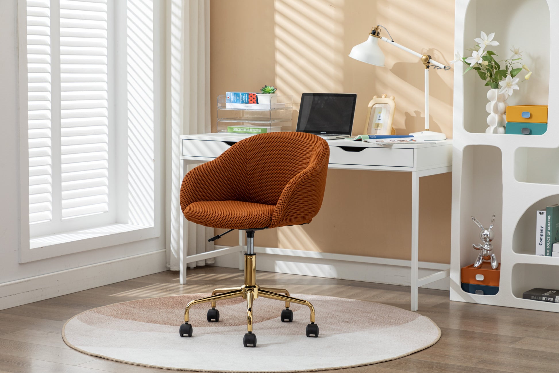 047 Mesh Fabric Home Office 360 Swivel Chair Adjustable Height With Gold Metal Base,Caramel Solid Caramel Office Sponge Wipe Clean Modern Office Chairs Tufted Back Foam Adjustable Height Fabric Mesh