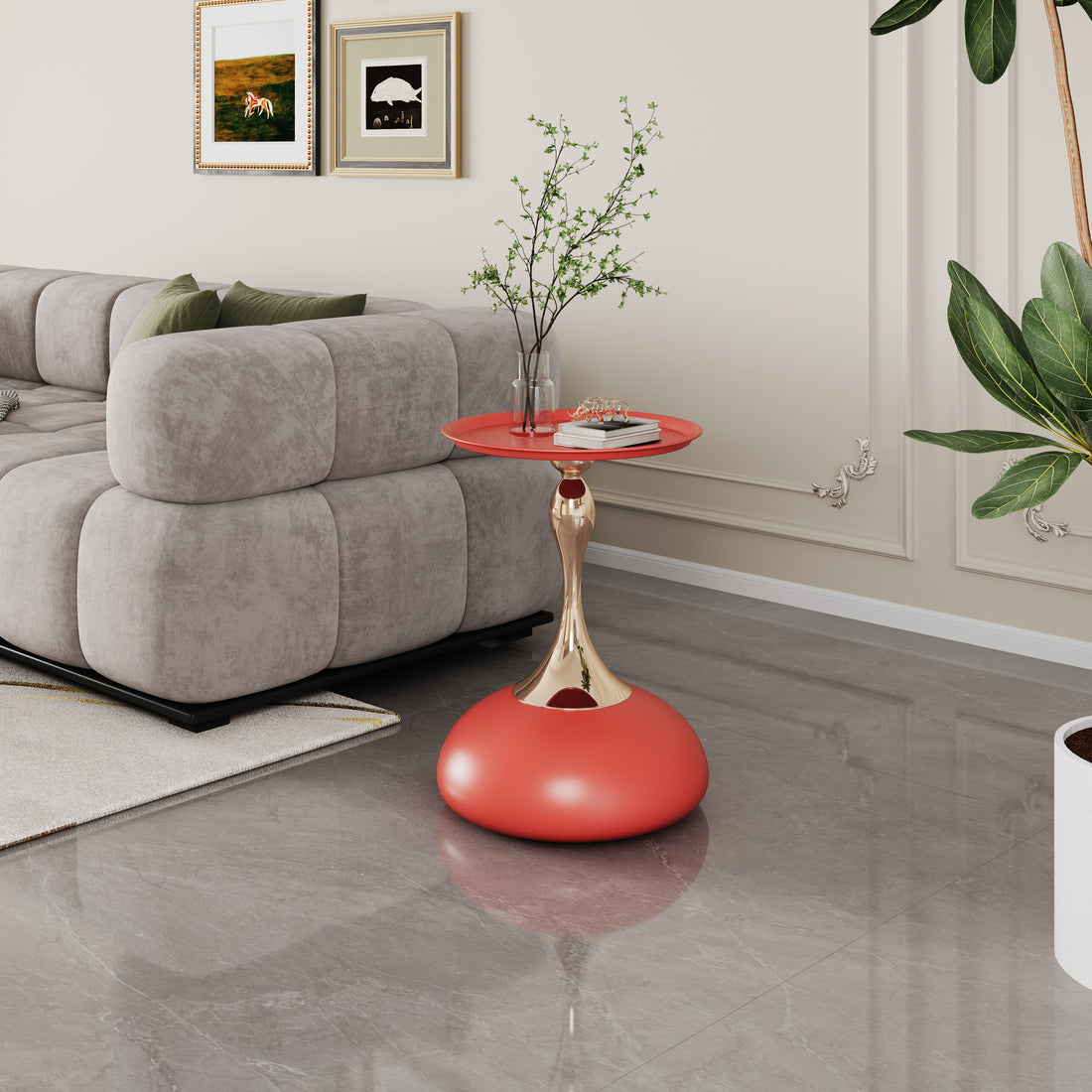 Luxury Design Iron End Table, Minimalist Round Side Table For Small Space Red Iron
