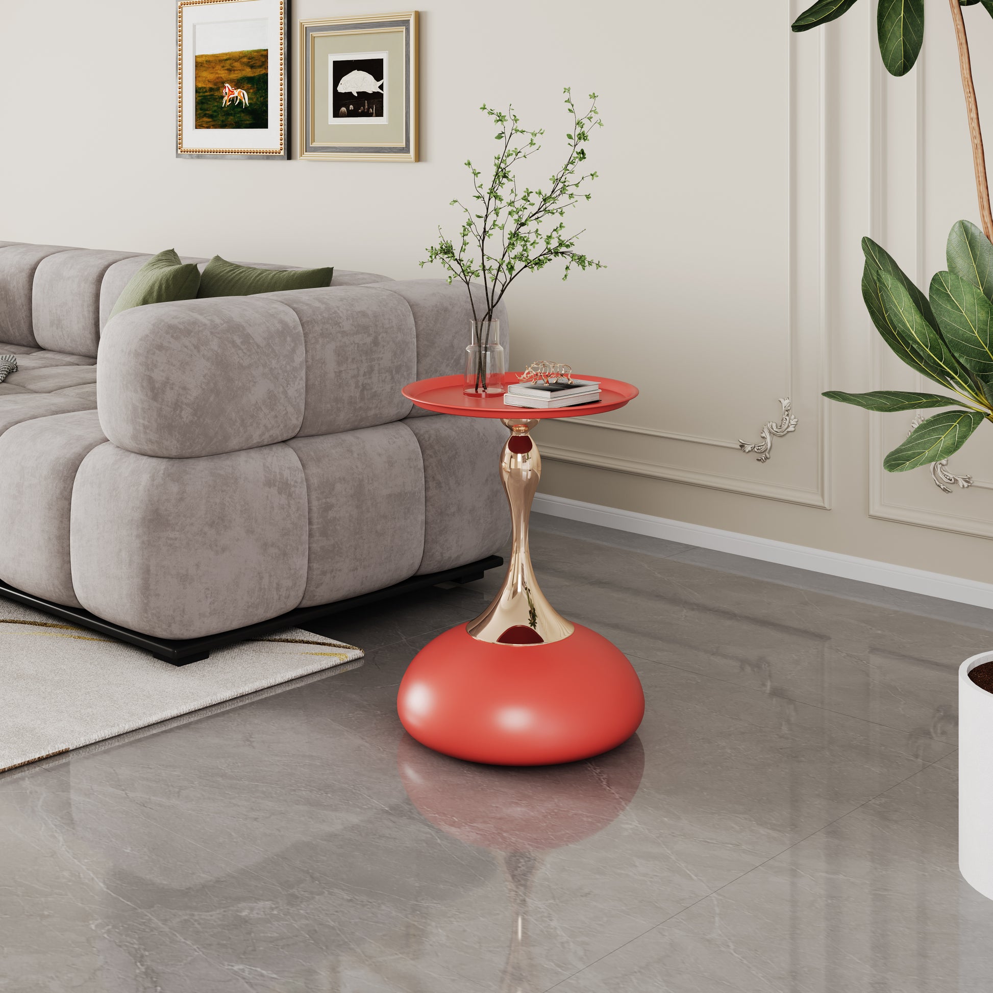 Luxury Design Iron End Table, Minimalist Round Side Table For Small Space Red Iron